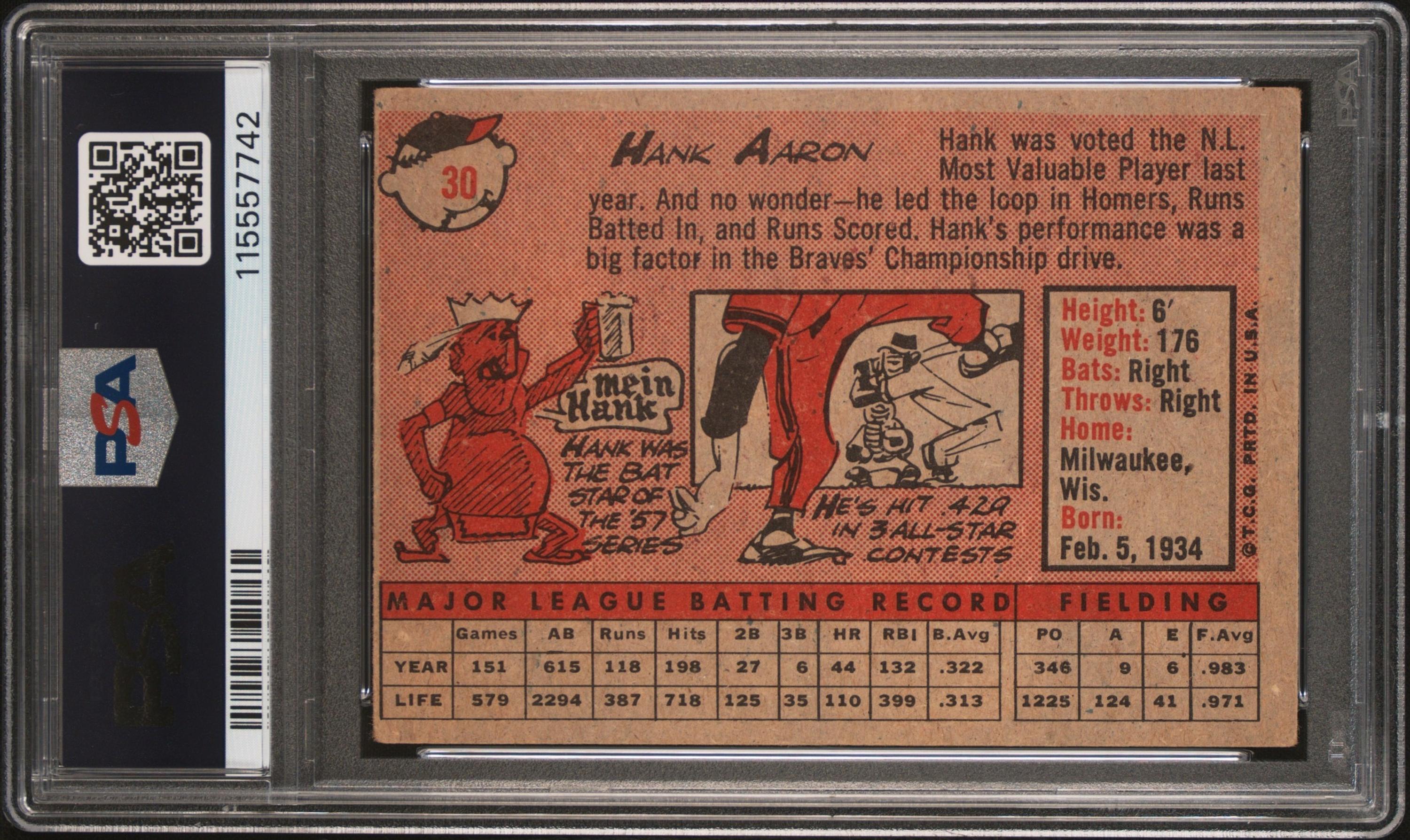 A 1958 Topps Hank Aaron Baseball Card No. 30 (PSA 3 VG) from The Collection of David Eisenhower