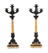 A Pair of French Marble and Patinated Bronze Candelabra