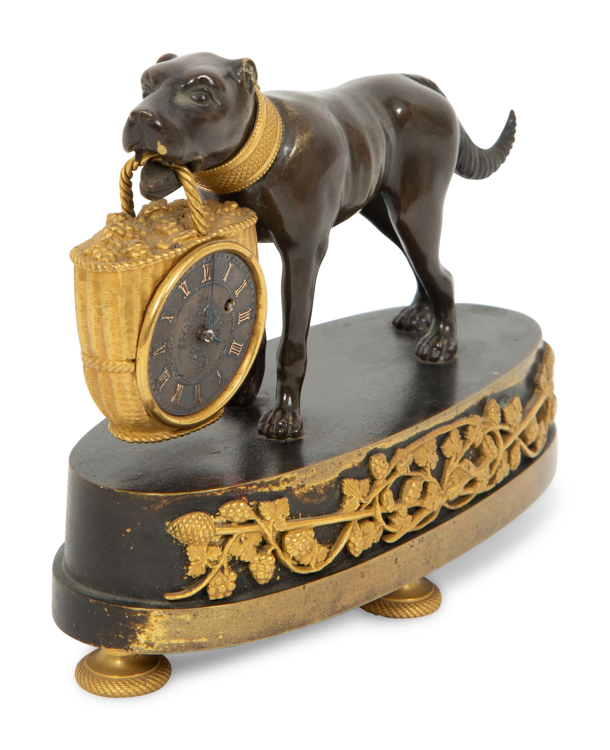 A Small French Gilt and Patinated Bronze Dog Clock