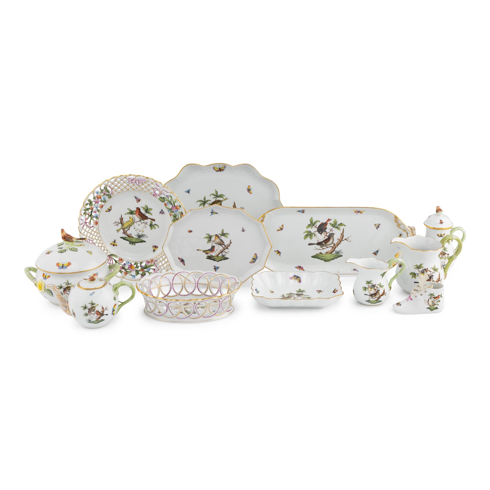 A Collection of Herend Rothschild Bird Porcelain Table Articles