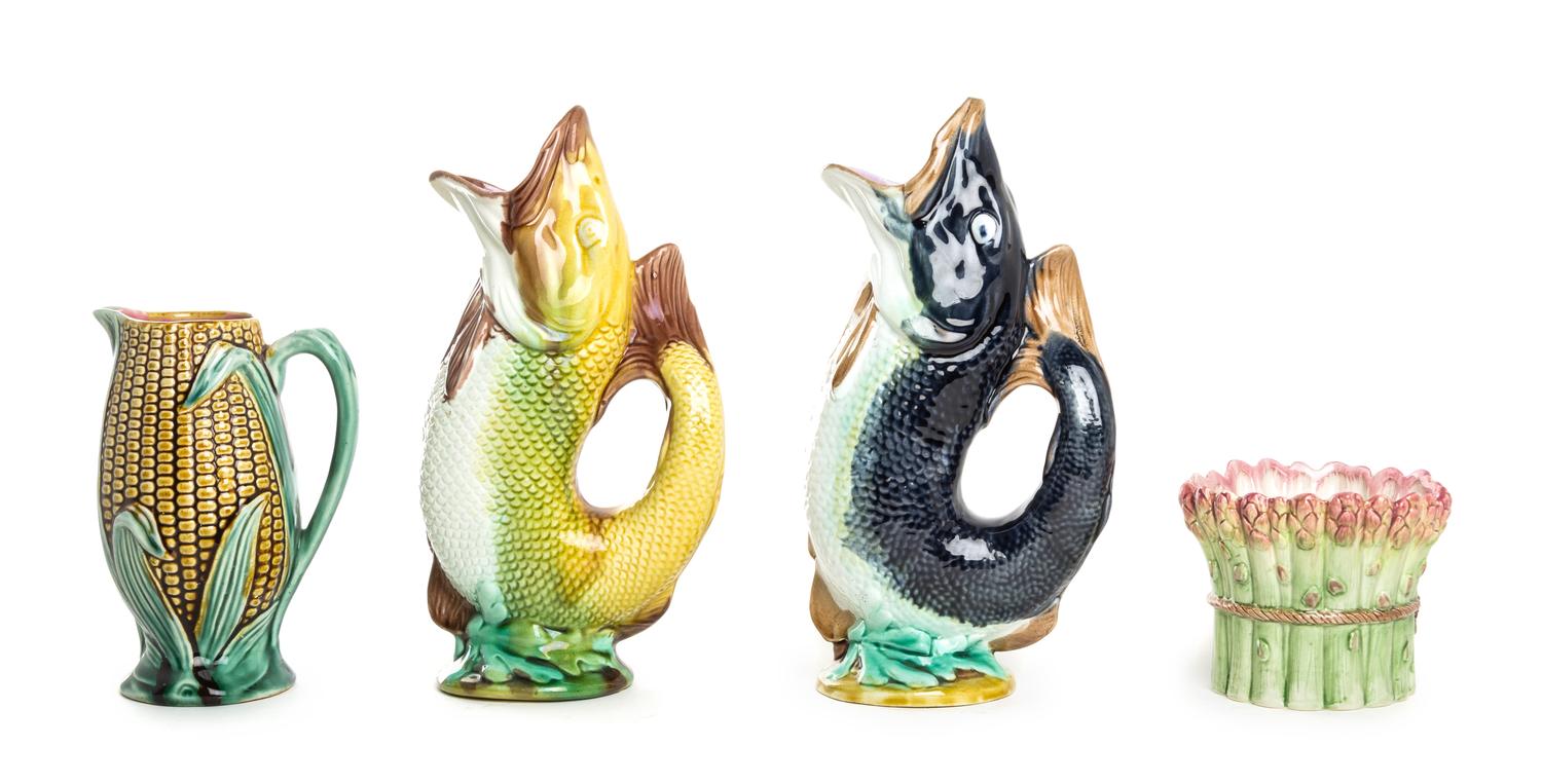 A Group of Four Majolica Table Articles Height of first 9 7/8 inches.