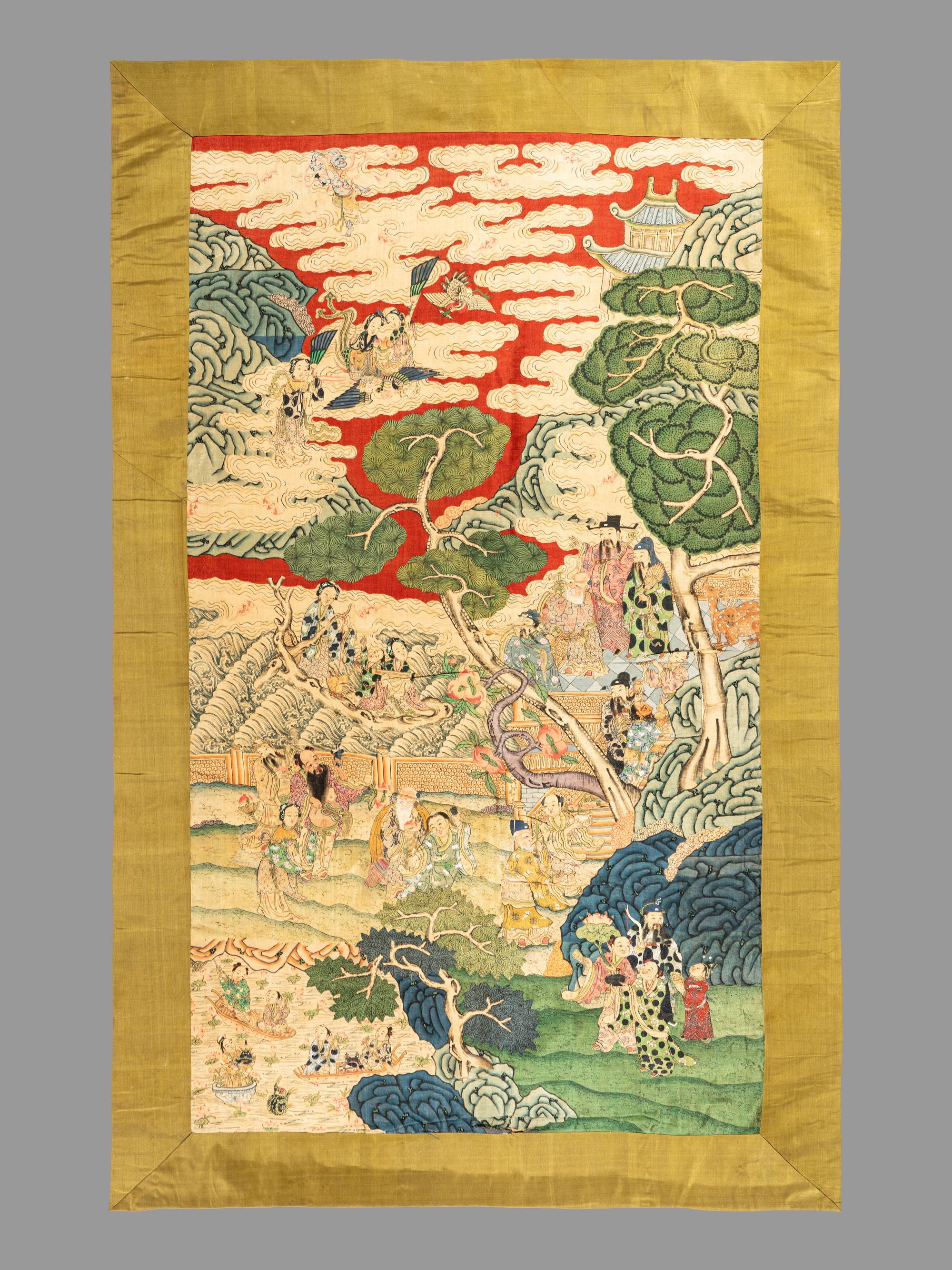 Two Large Chinese Kesi Woven Silk 'Immortal' Panels