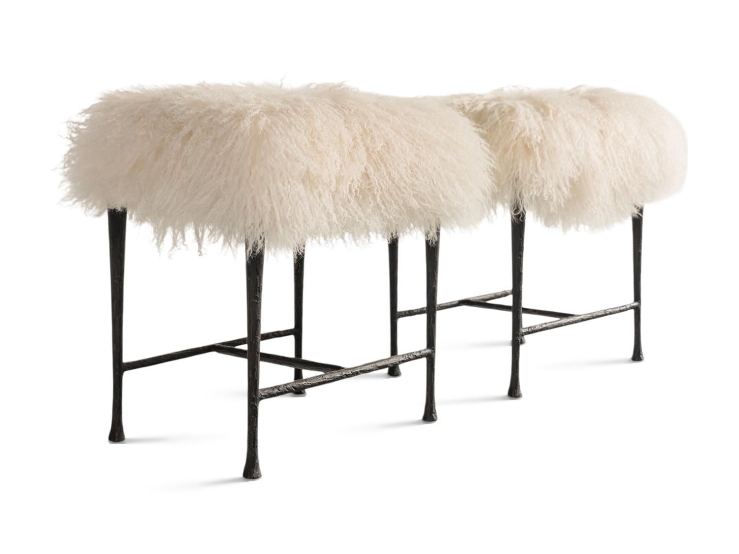 A Pair of Christian Liaigre Sheepskin Upholstered Patinated Bronze Sud Stools