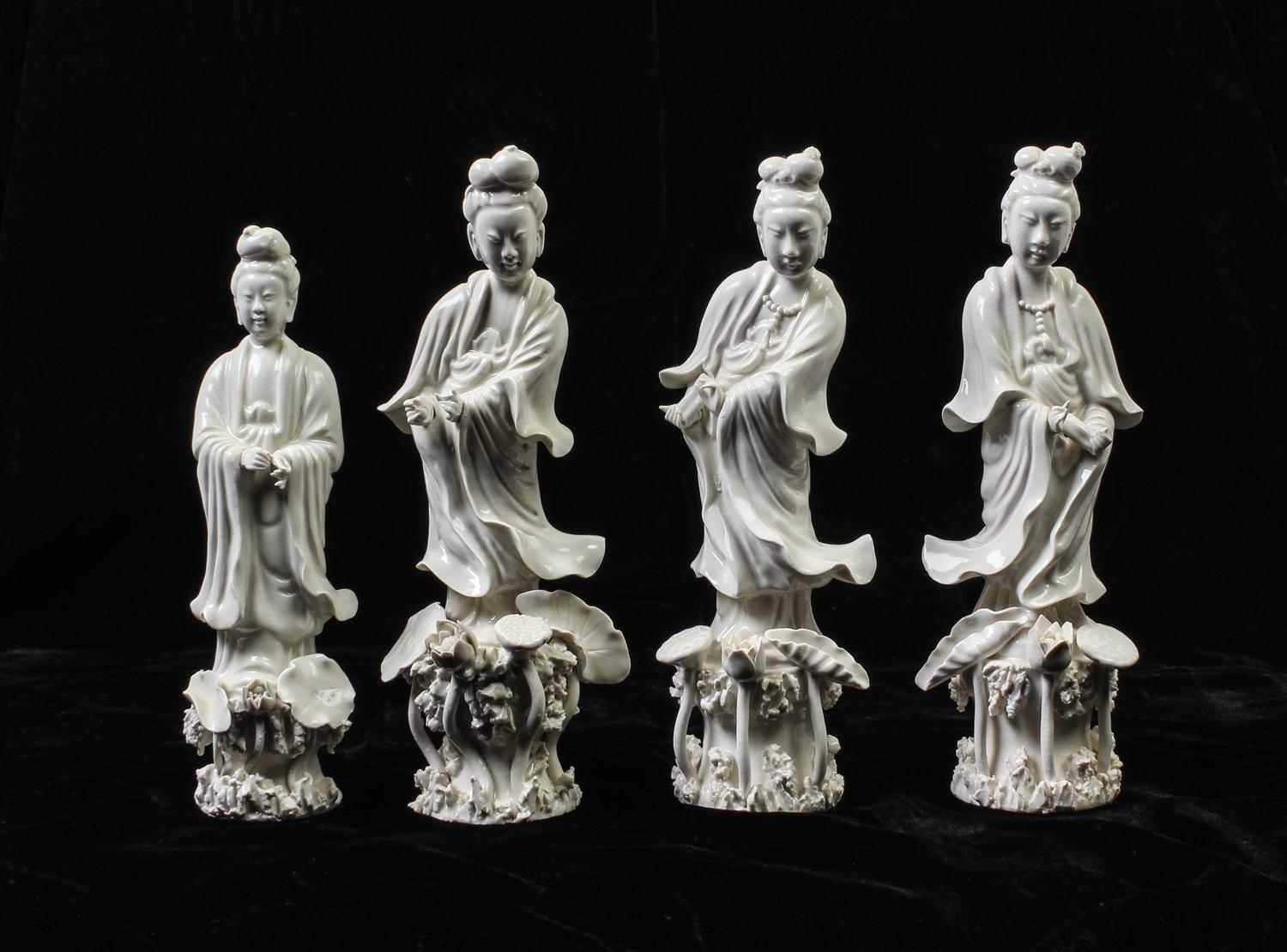 Four Chinese Blanc de Chine Porcelain Figures of Ladies Height of tallest 10 1/4 inches. — 20TH CENTURY