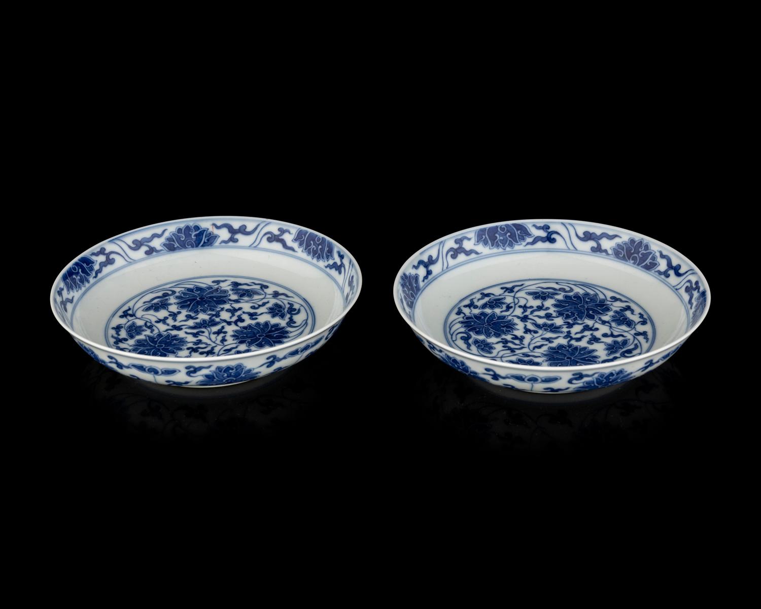 A Pair of Chinese Blue and White Porcelain 'Lotus' Plates