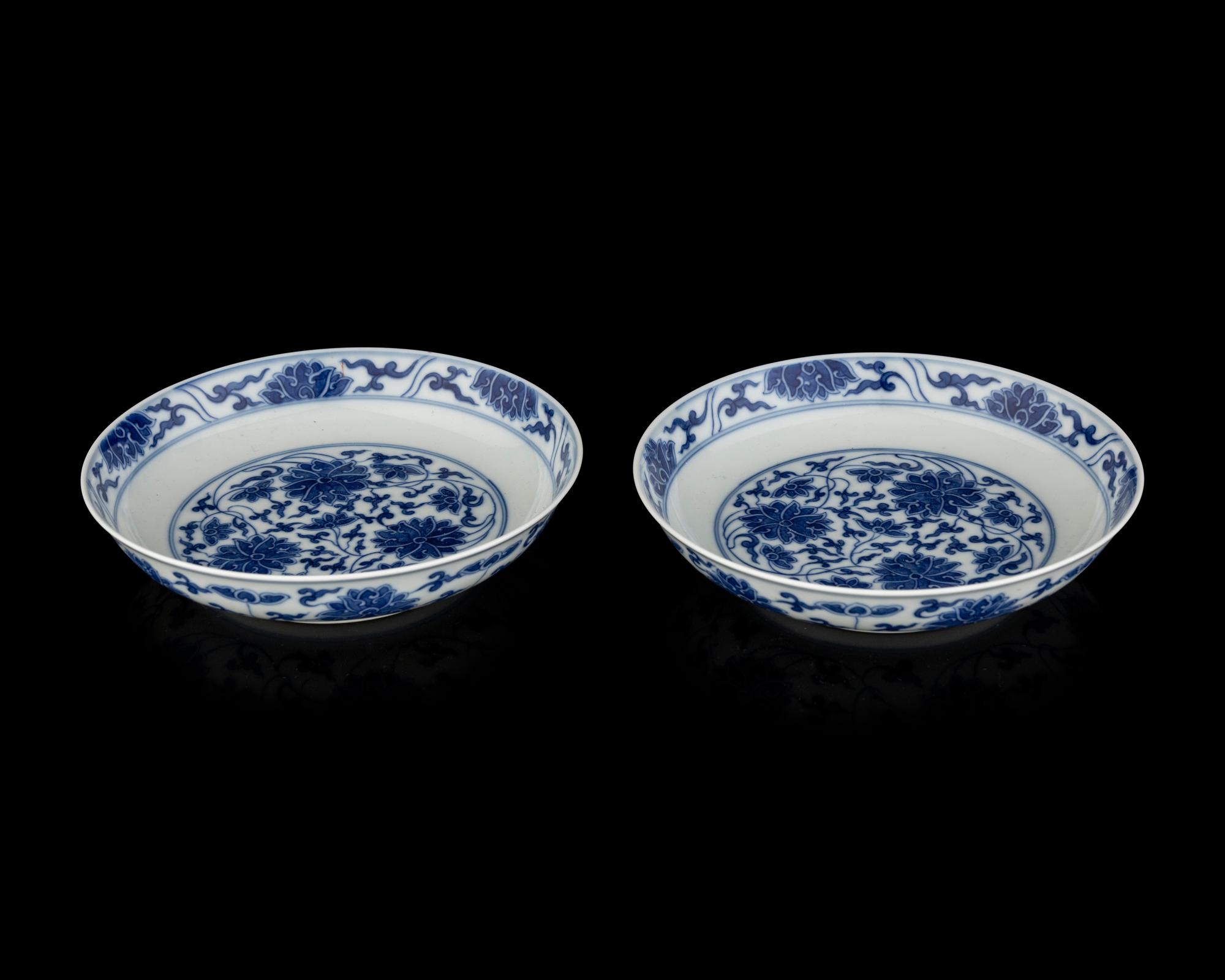 A Pair of Chinese Blue and White Porcelain 'Lotus' Plates