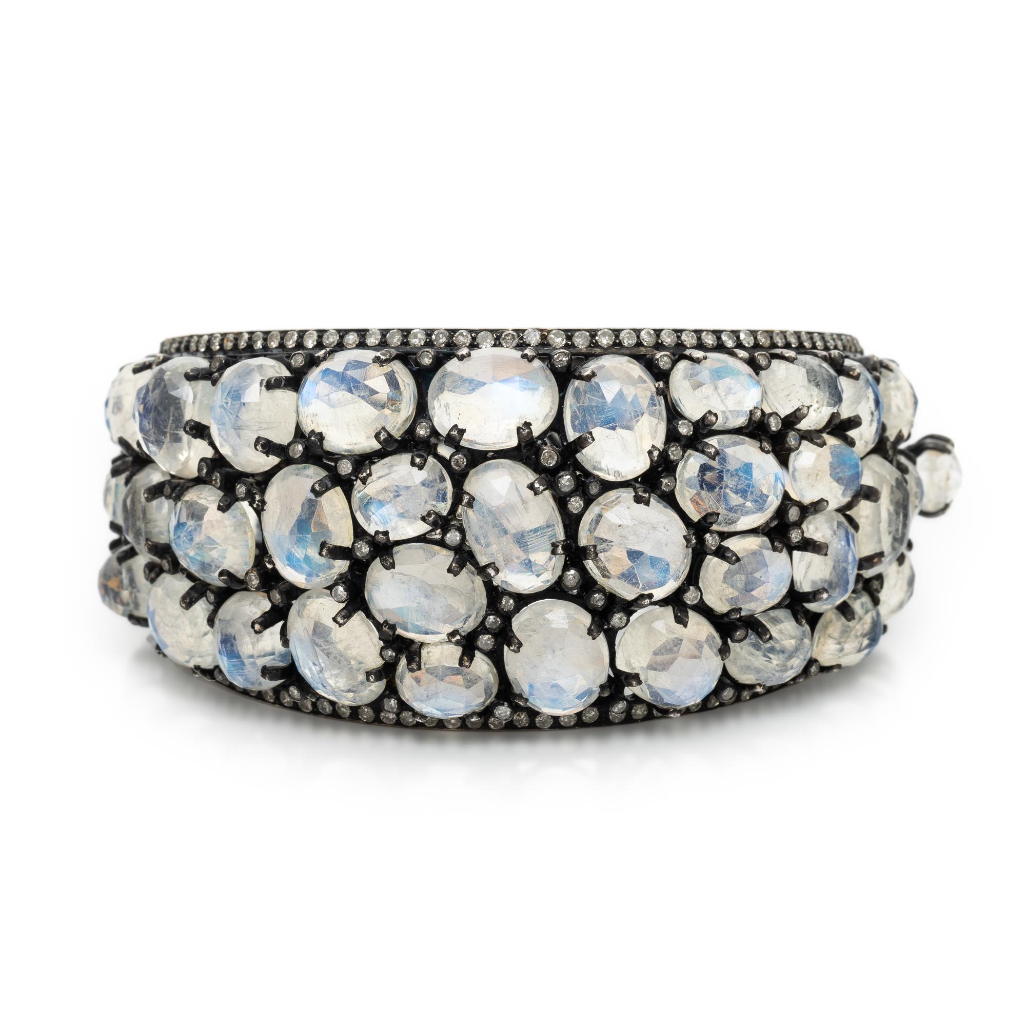 Blackened Silver, Yellow Gold, Faceted Moonstone, and Diamond Bangle Bracelet