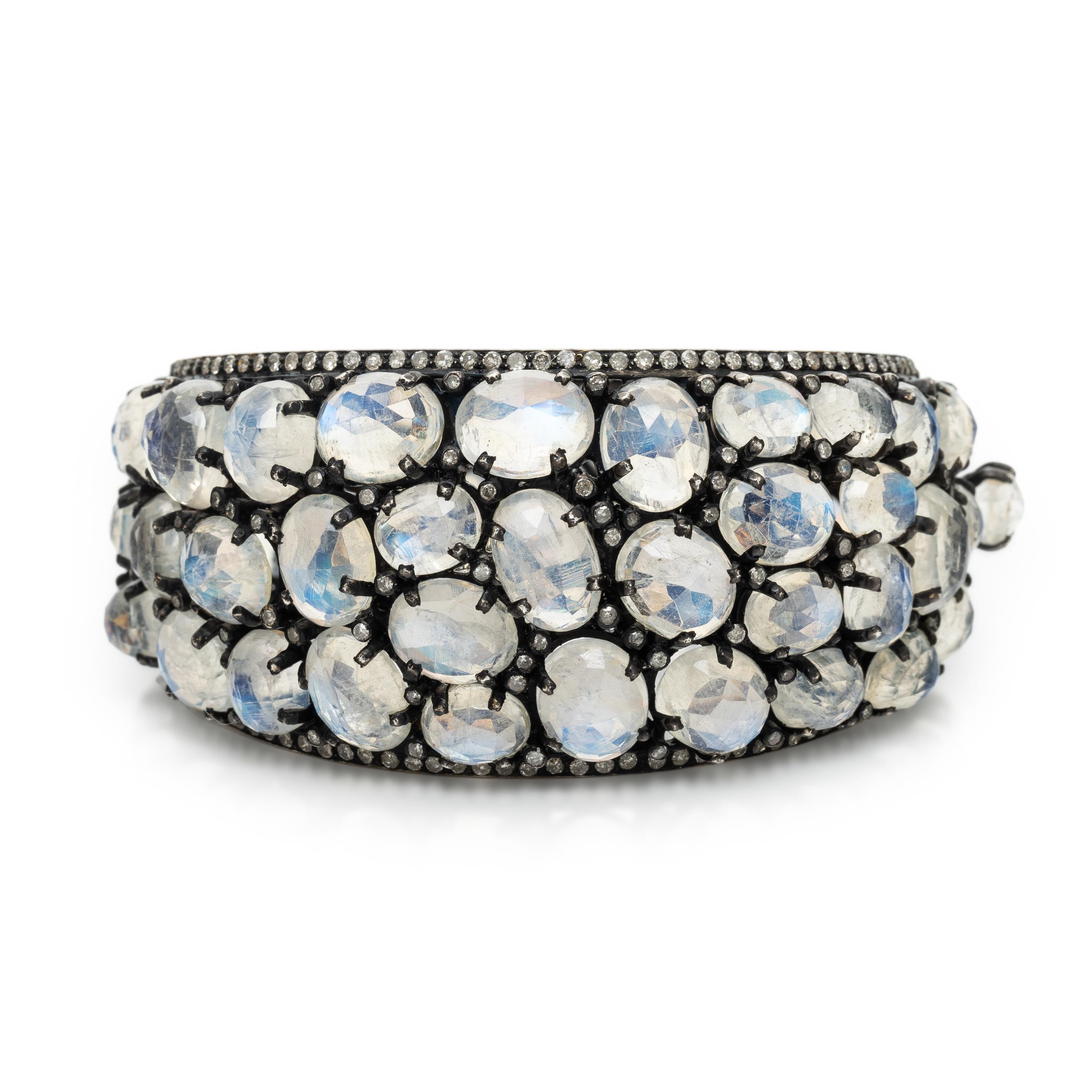 Blackened Silver, Yellow Gold, Faceted Moonstone, and Diamond Bangle Bracelet