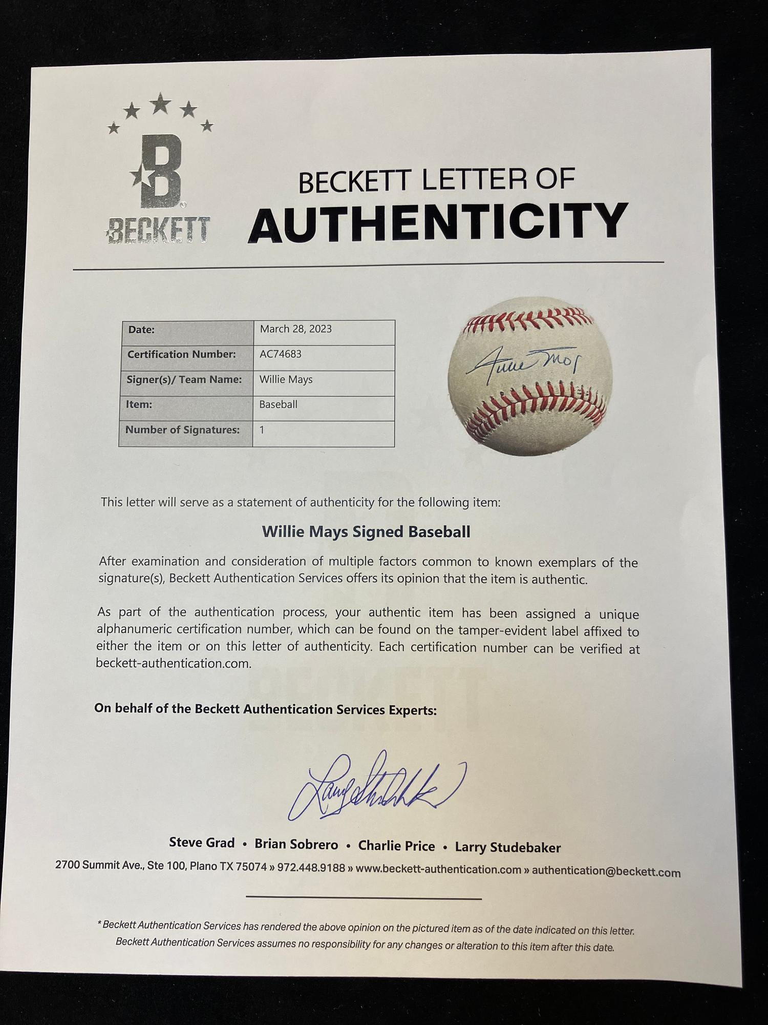 A Willie Mays Single Signed Autograph Baseball (Beckett Authentication Services Letter)