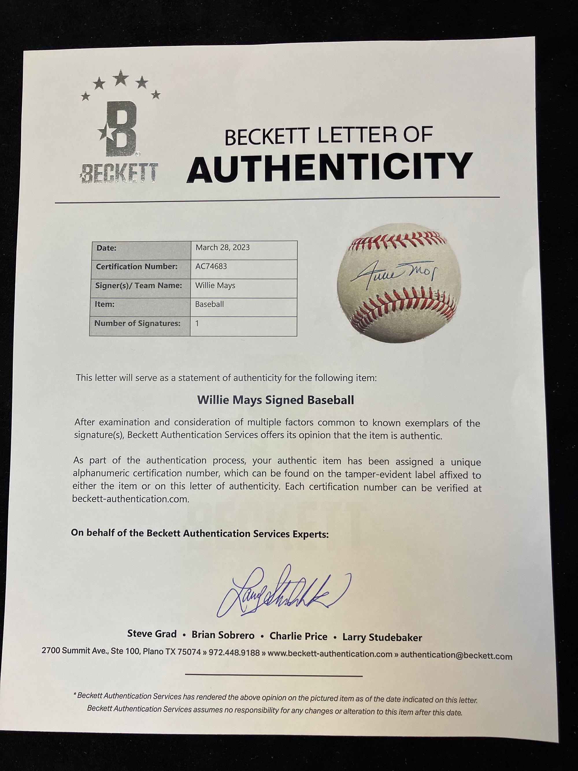 A Willie Mays Single Signed Autograph Baseball (Beckett Authentication Services Letter)