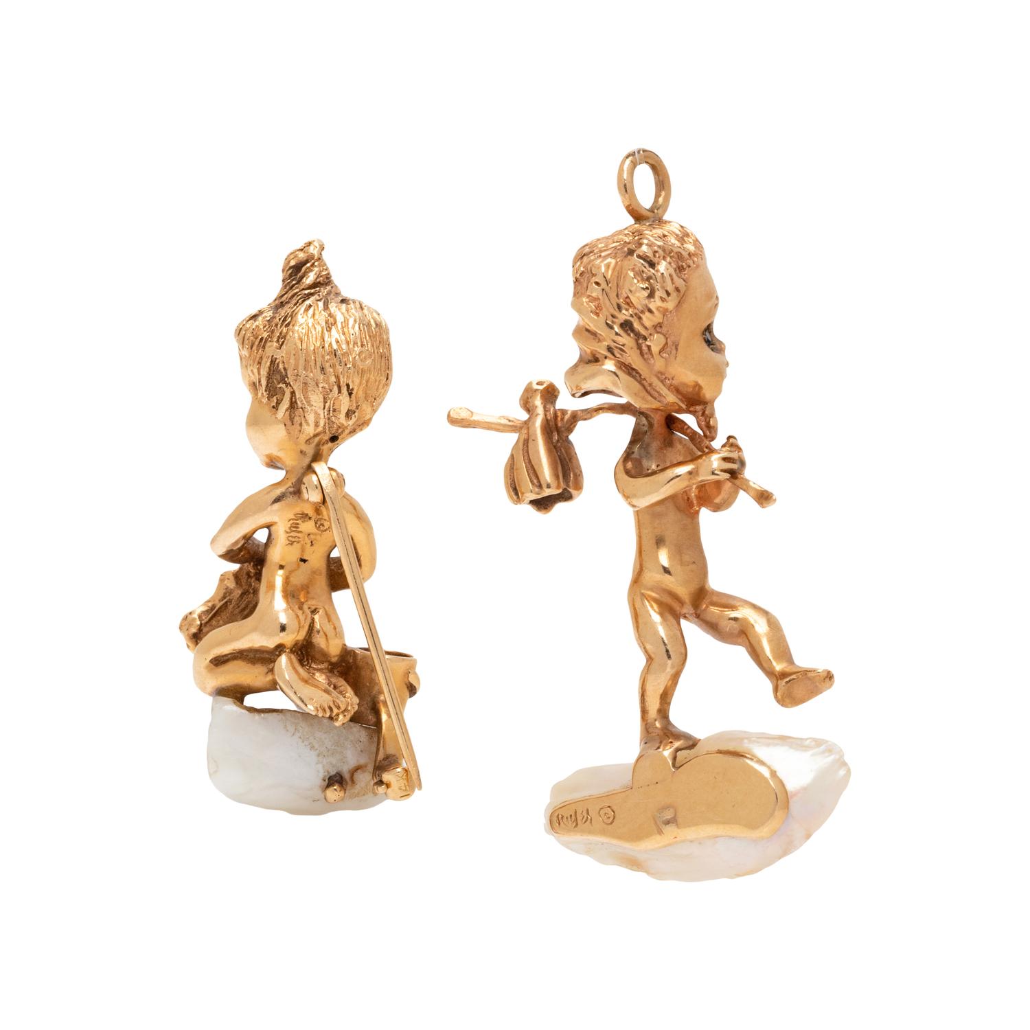 RUSER, COLLECTION OF YELLOW GOLD AND PEARL CHERUB JEWELRY