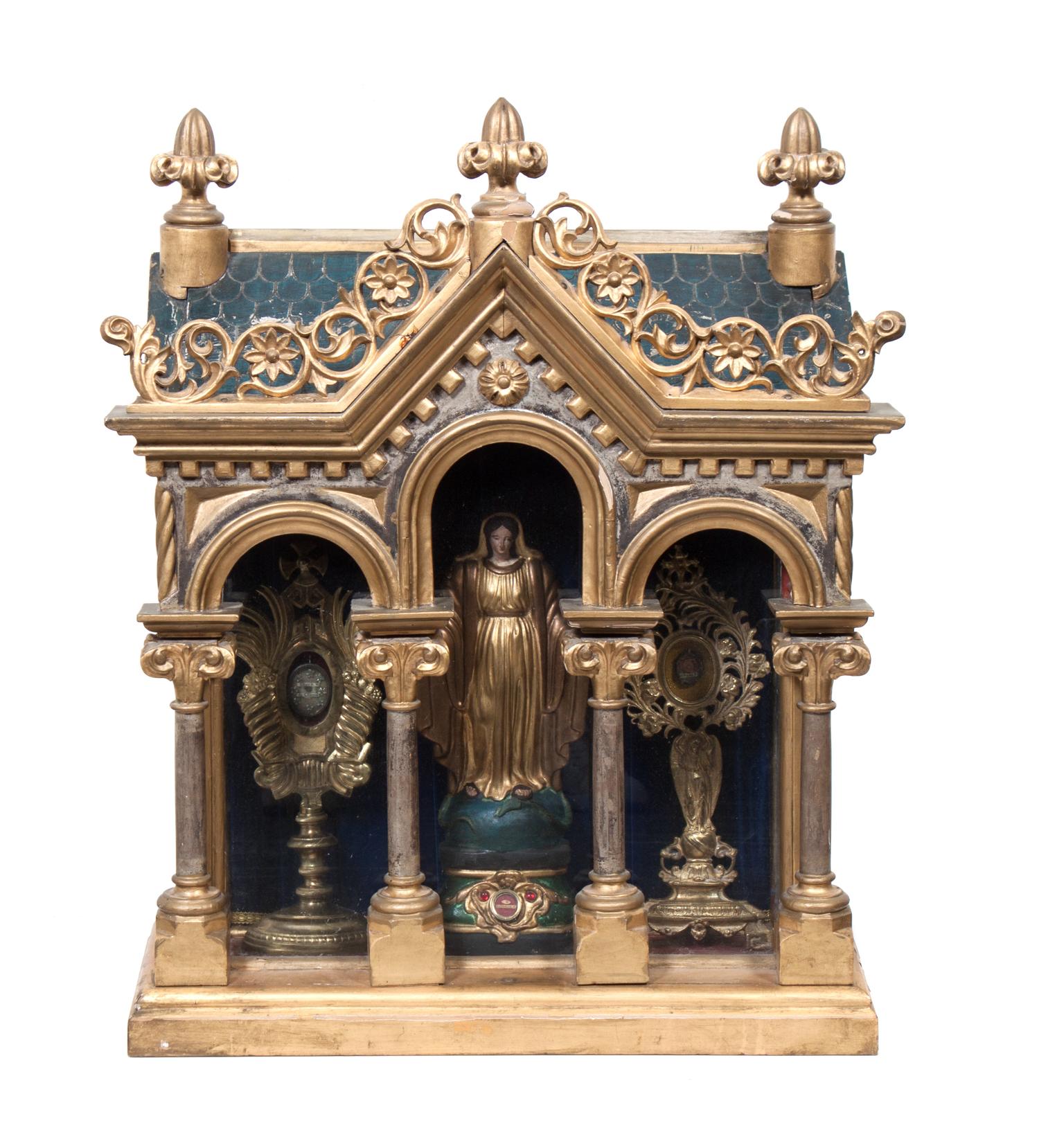 A Continental Giltwood Architectural Form Reliquary Height 27 x width 22 x depth 8 inches.