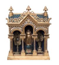 A Continental Giltwood Architectural Form Reliquary Height 27 x width 22 x depth 8 inches.