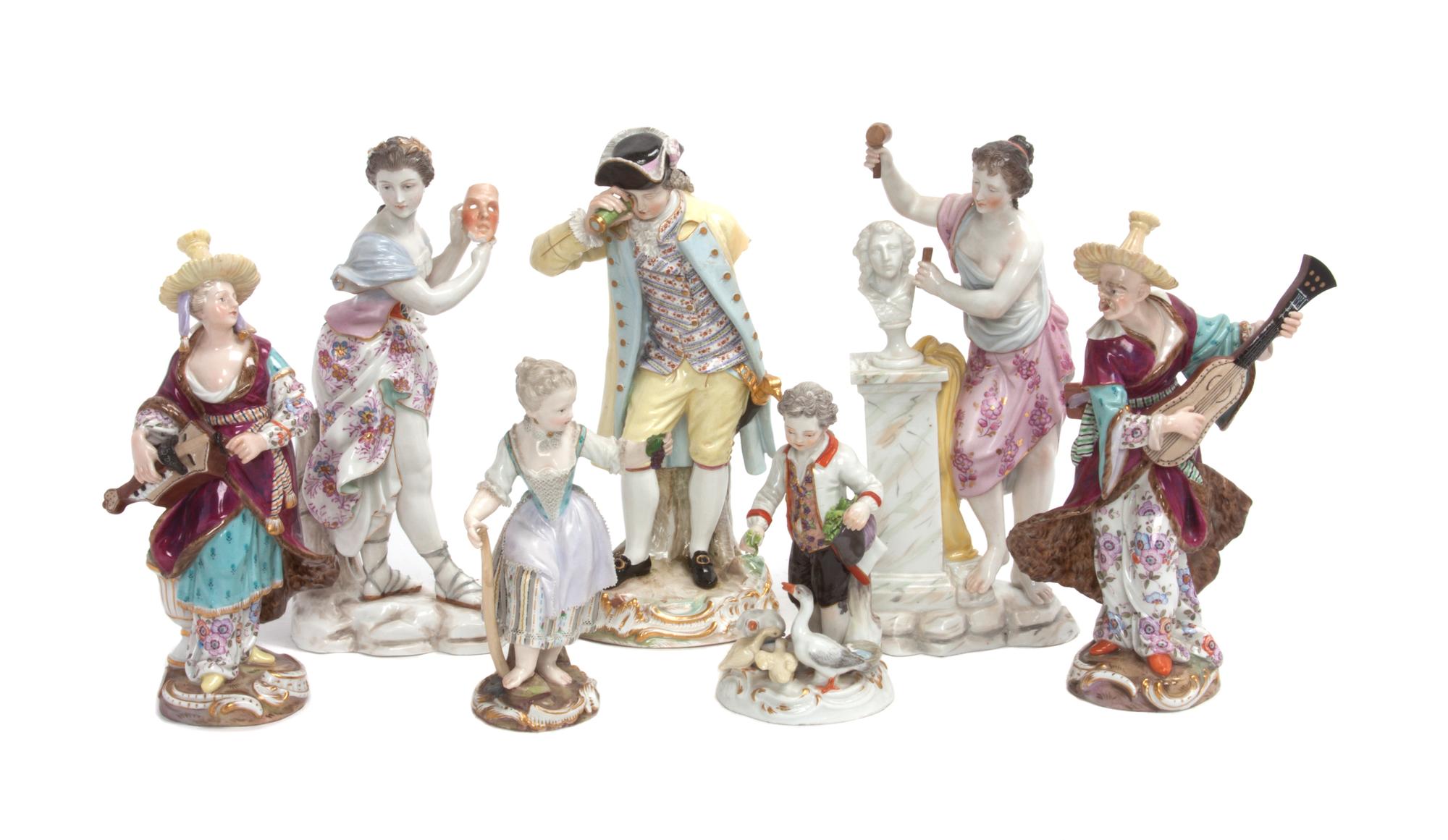 A Collection of Seven Meissen Porcelain Figures Height of tallest 8 inches.