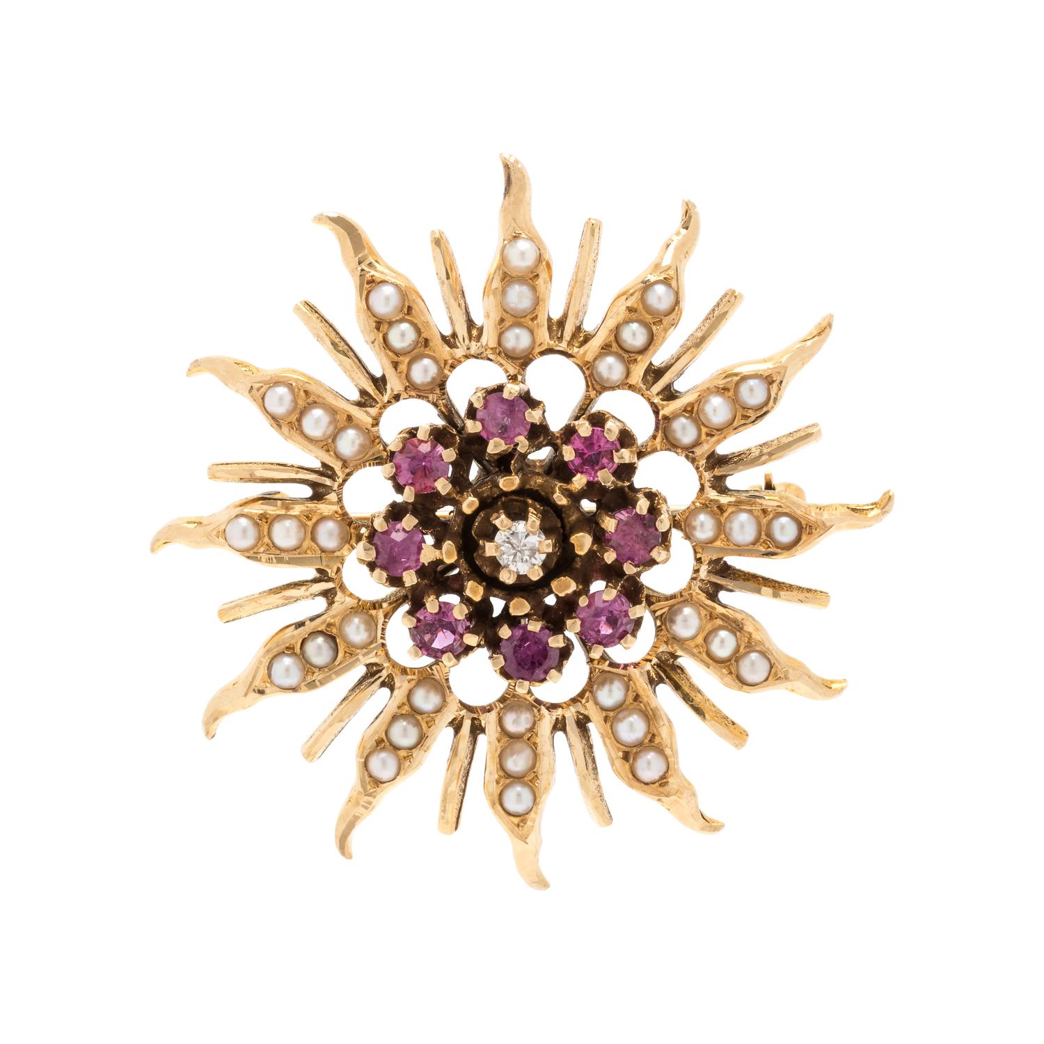 RUBY, DIAMOND AND SEED PEARL PENDANT/BROOCH