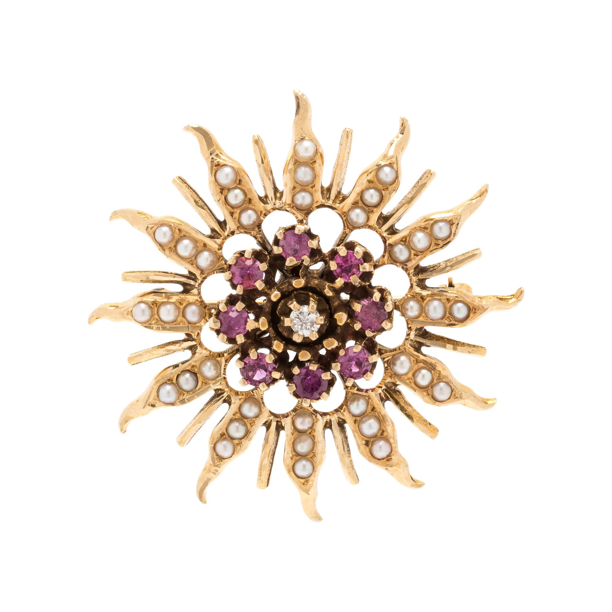 RUBY, DIAMOND AND SEED PEARL PENDANT/BROOCH