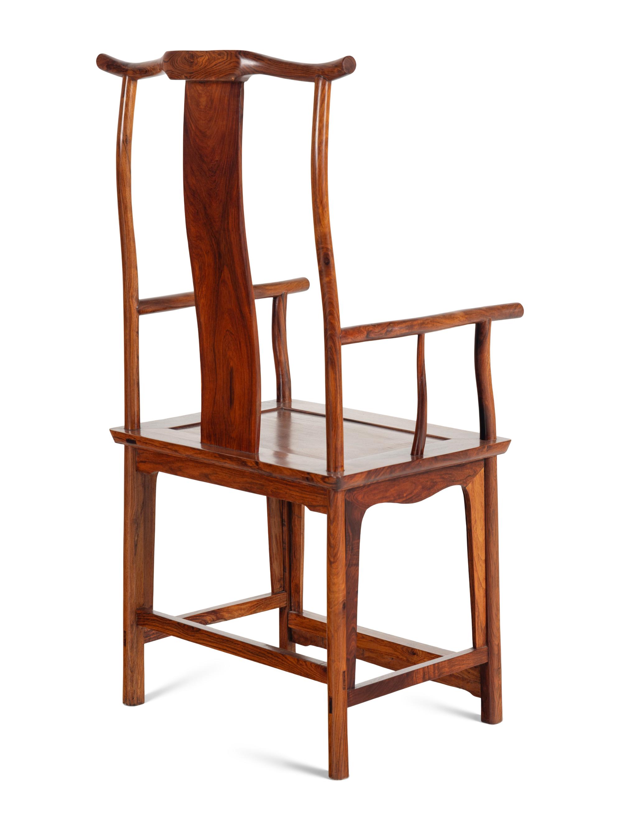 A Pair of Chinese Official's Hat Armchairs, Sichutouguanmaoyi, Possibly Huanghuali, 20th Century 近代 黃花梨四出頭官帽椅一對