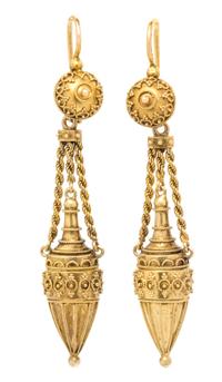 A Pair of Etruscan Revival Yellow Gold Pendant Earrings, French, 4.50 dwts.