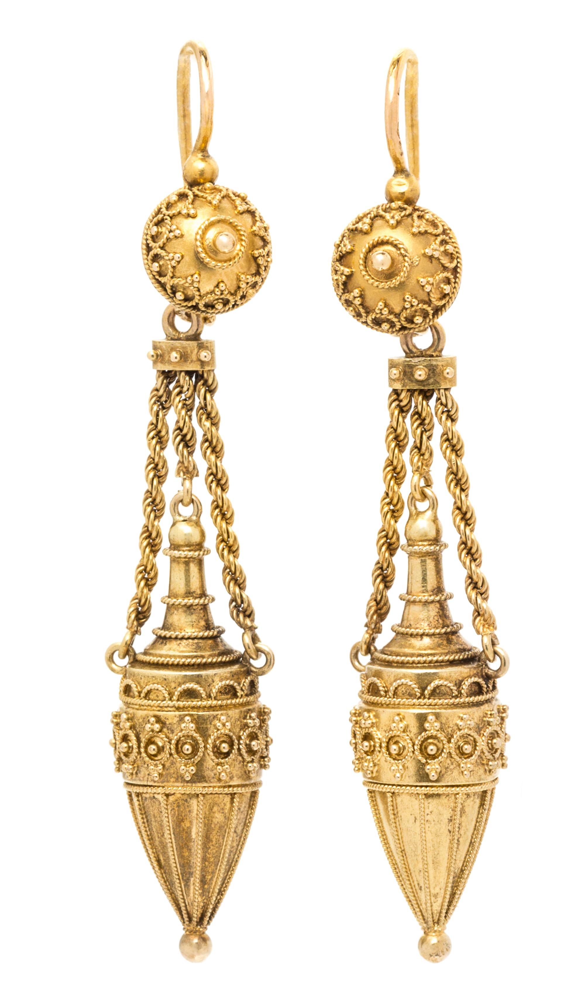 A Pair of Etruscan Revival Yellow Gold Pendant Earrings, French, 4.50 dwts.