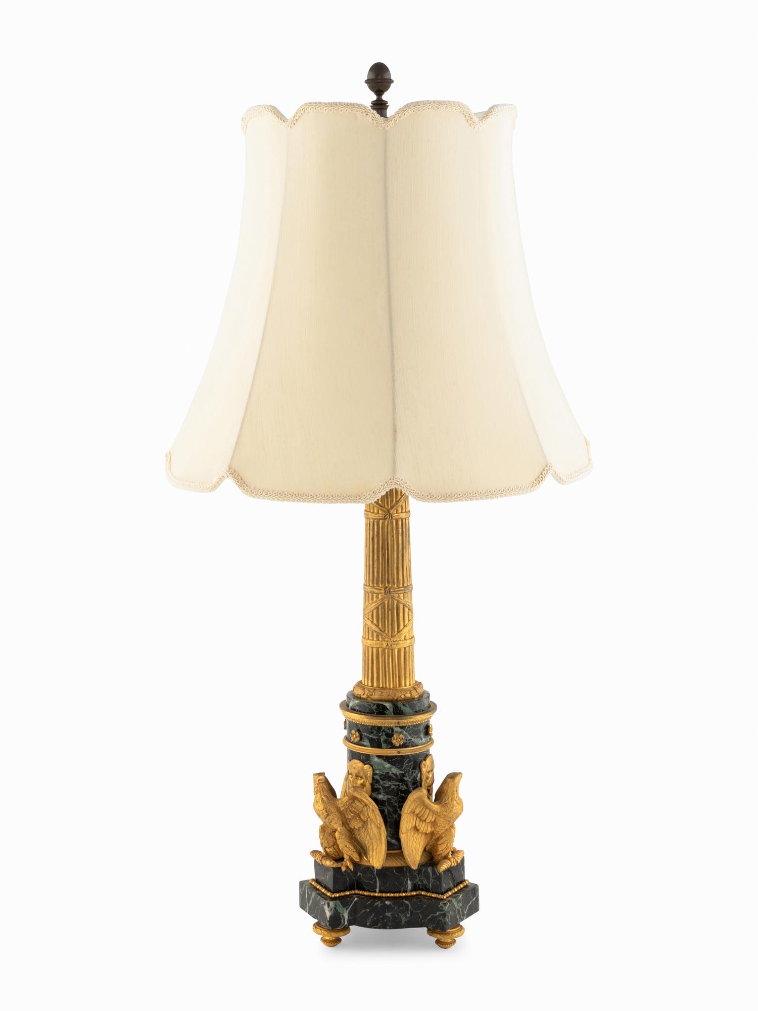 An Empire Style Gilt Bronze and Marble Columnar Lamp
