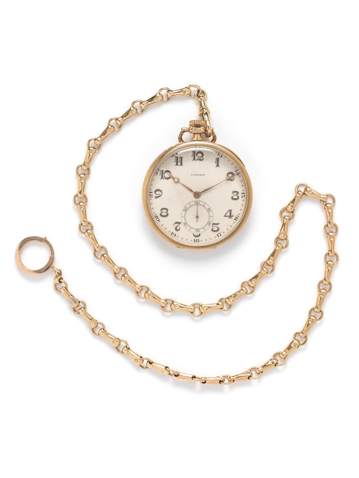 LONGINES, 14K YELLOW GOLD OPEN FACE POCKET WATCH AND YELLOW GOLD FOB CHAIN