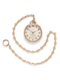 LONGINES, 14K YELLOW GOLD OPEN FACE POCKET WATCH AND YELLOW GOLD FOB CHAIN