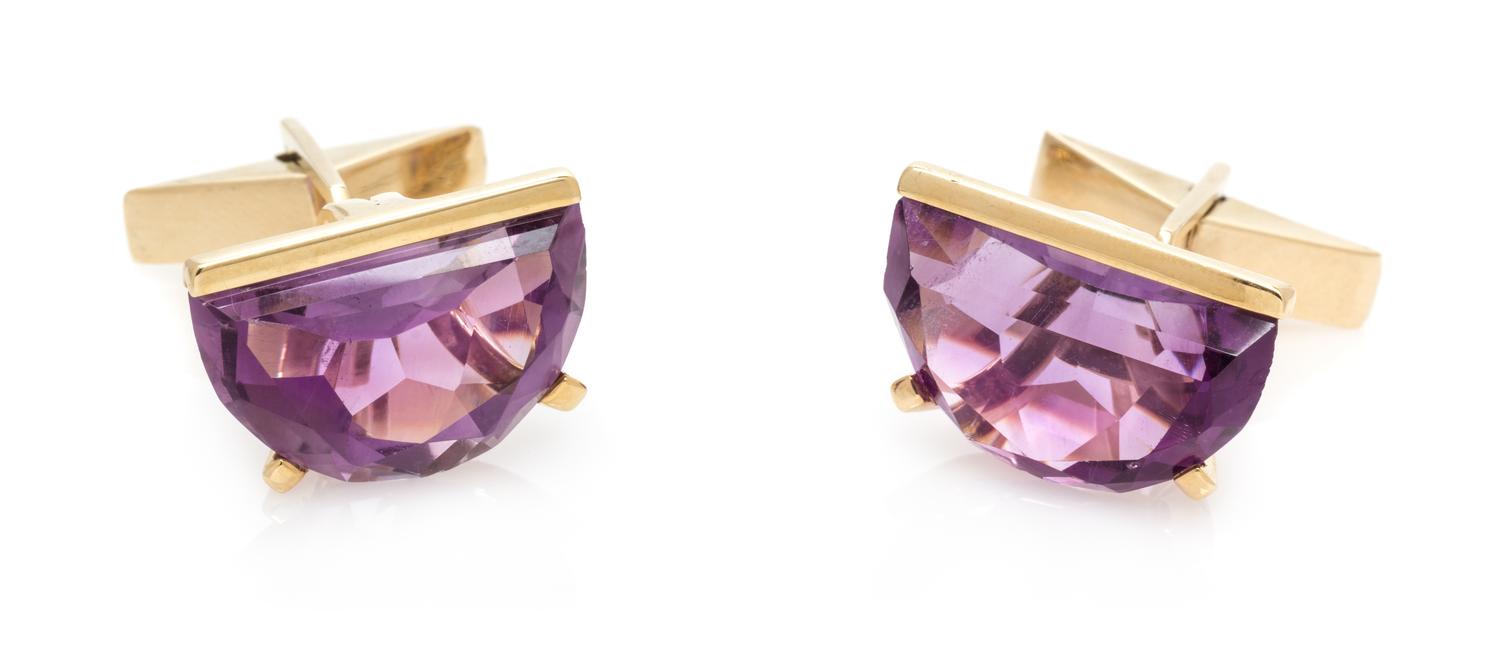 A Pair of 14 Karat Yellow Gold and Amethyst Cufflinks, 8.85 dwts.