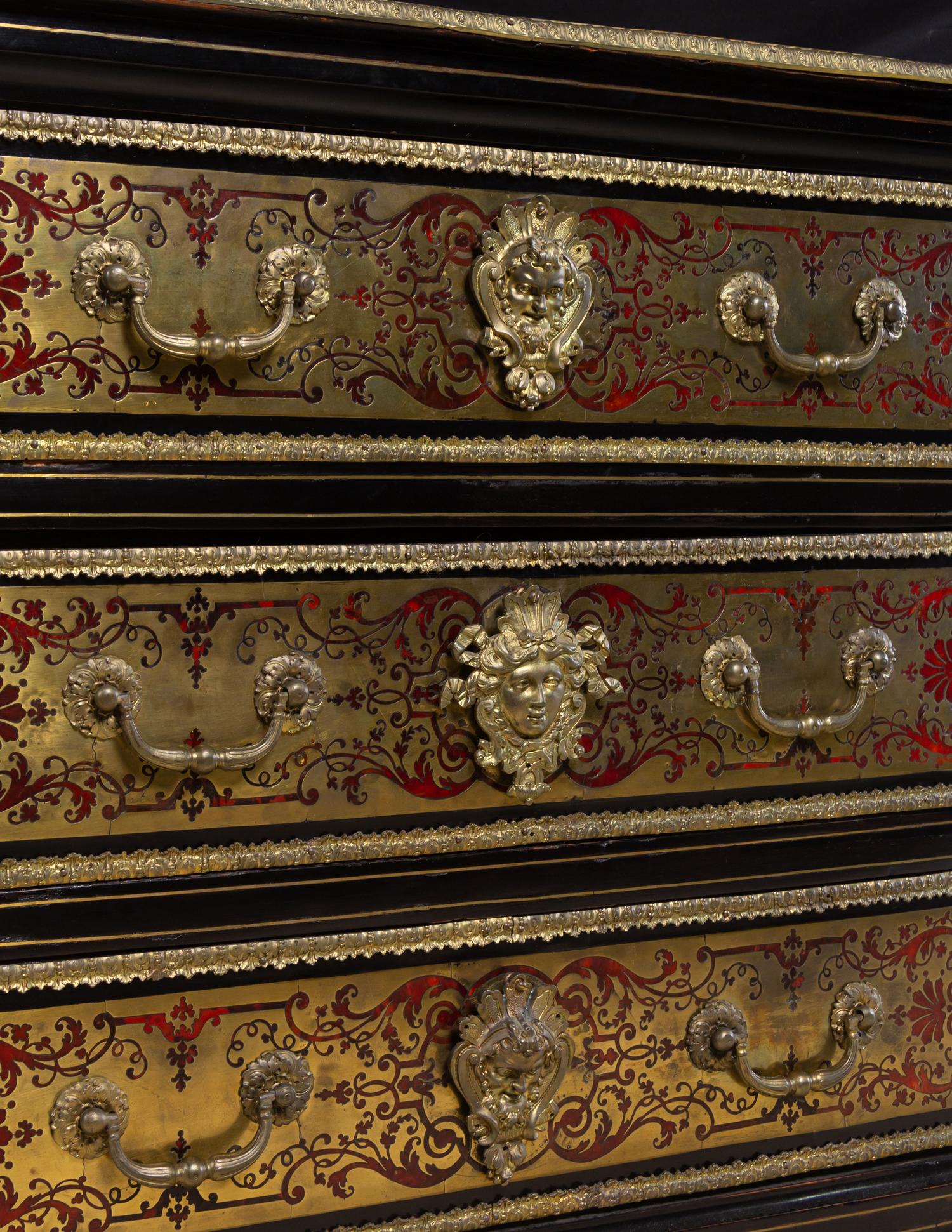 A Louis XIV Gilt Bronze Mounted Tortoise Shell and Brass Marquetry Commode in the Manner of André-Charles Boulle