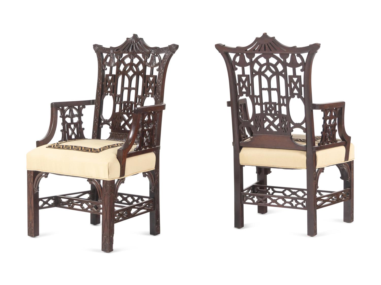 A Pair of 'Chinese Chippendale' Style Mahogany Armchairs