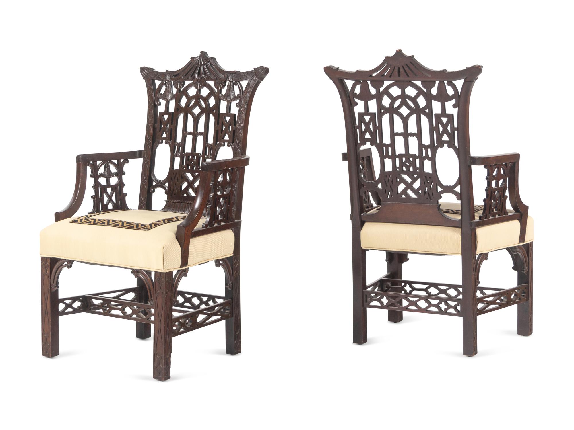 A Pair of 'Chinese Chippendale' Style Mahogany Armchairs