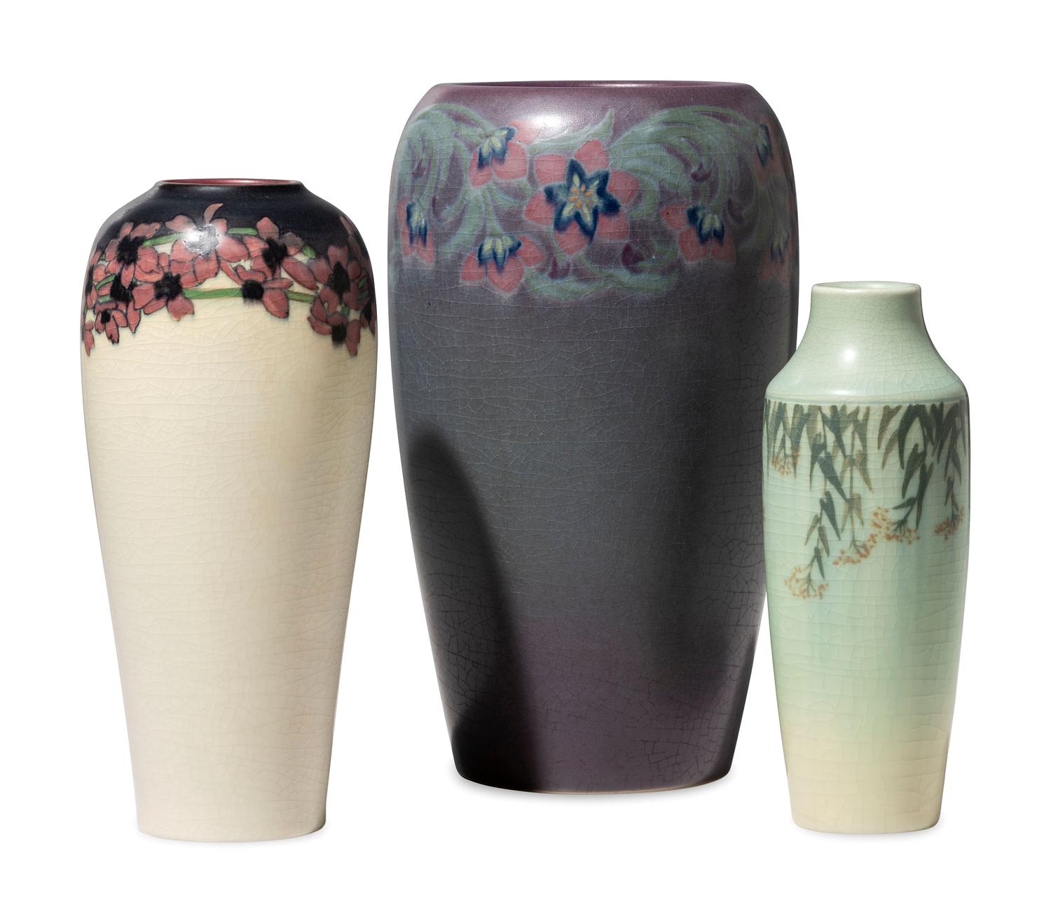 Three Artist Decorated Rookwood Pottery Floral Vellum Vases