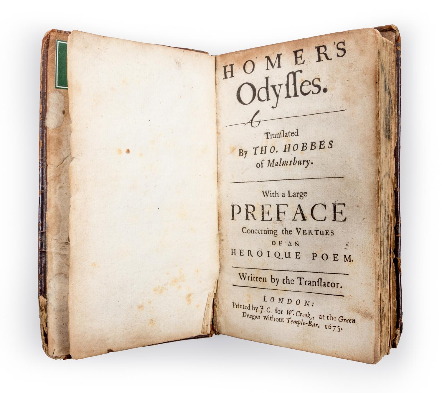 HOMER. -- HOBBES, Thomas (1588-1679), translator. Homer's Odysses. London: Printed by J. C. for W. Crook, 1675.