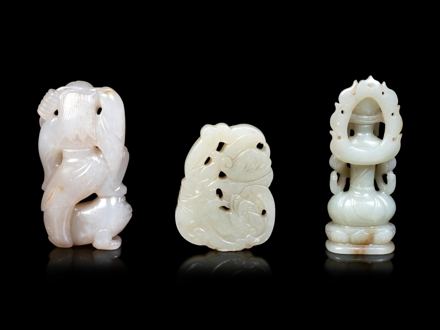 Three Chinese Celadon Jade Carved Figures of Immortals