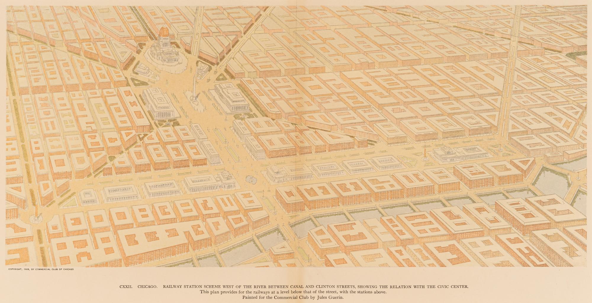 [CHICAGO]. BURNHAM, Daniel. A group of 6 prints and elevations from Burnham's Plan of Chicago , published by the Commercial Club of Chicago, 1909.