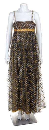A Galanos Gold Lamé and Black Tulle Evening Gown and Jacket, No size.