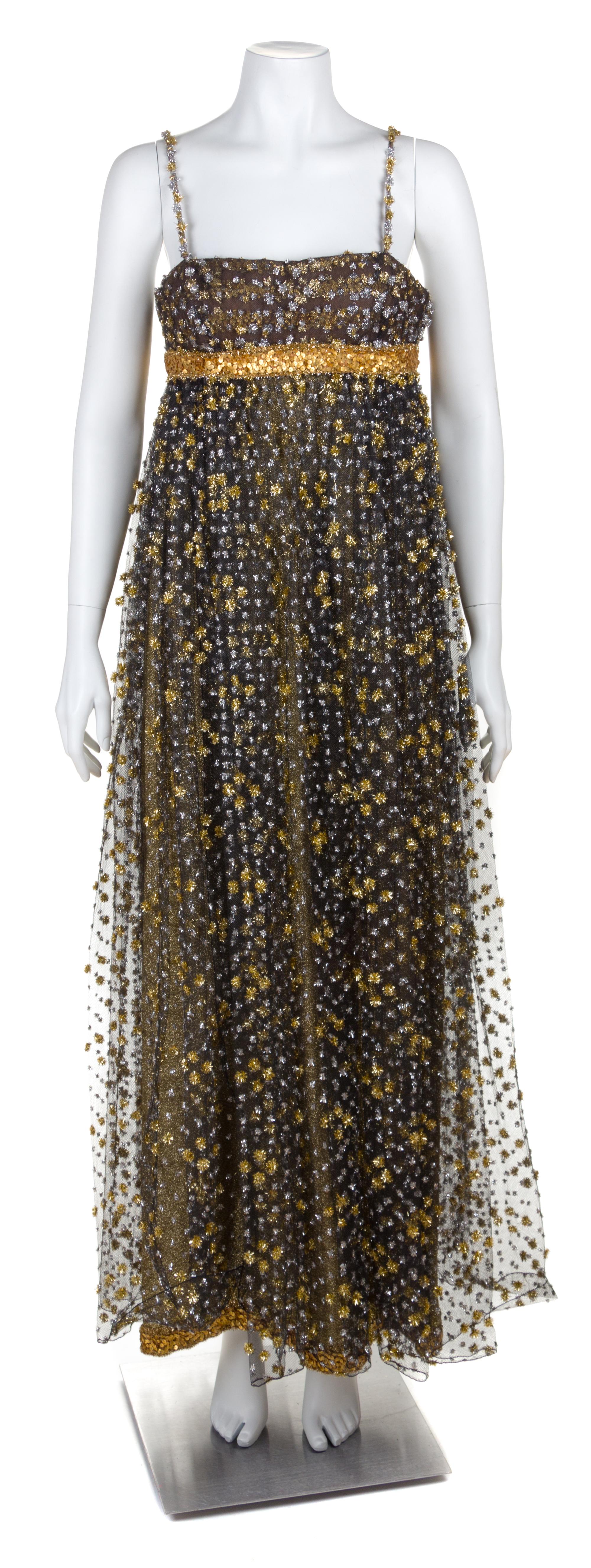 A Galanos Gold Lamé and Black Tulle Evening Gown and Jacket, No size.