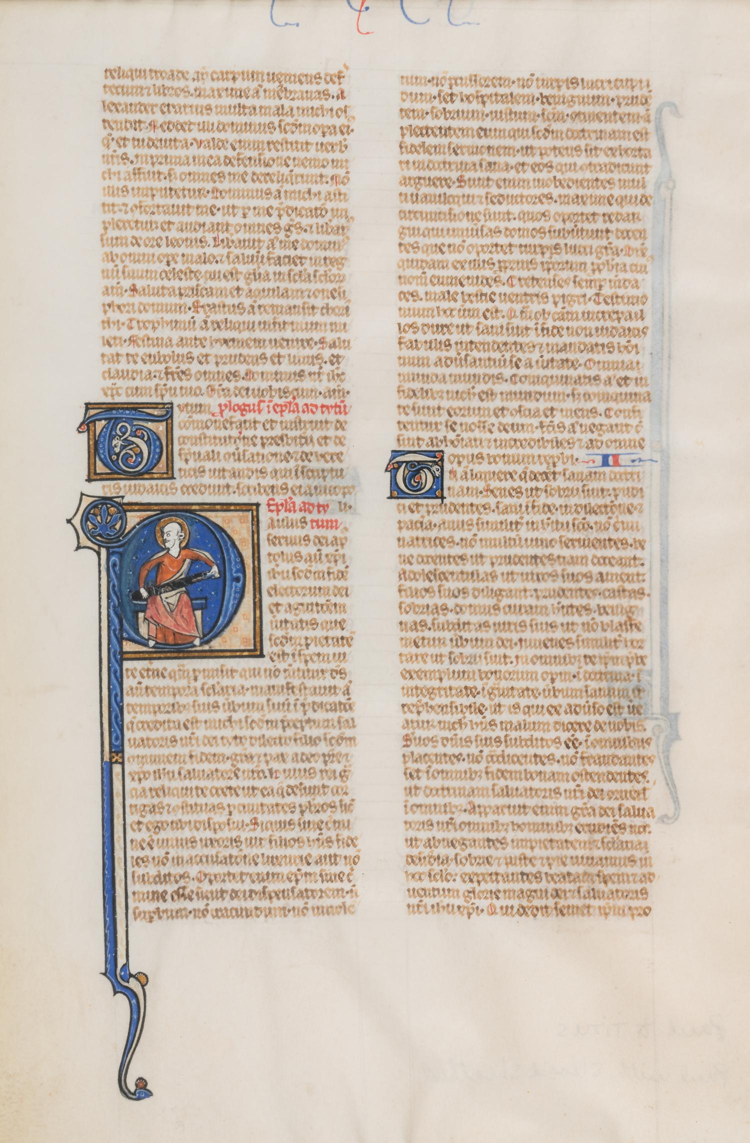 DOMINICAN PAINTER? (active Paris; mid-13th century) A leaf from the Chester Beatty Bible, with a historiated initial ‘P’ of St. Paul holding his sword, in Latin, illuminated manuscript on parchment (France, Paris, c. 1250-1275).
