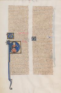 DOMINICAN PAINTER? (active Paris; mid-13th century) A leaf from the Chester Beatty Bible, with a historiated initial ‘P’ of St. Paul holding his sword, in Latin, illuminated manuscript on parchment (France, Paris, c. 1250-1275).