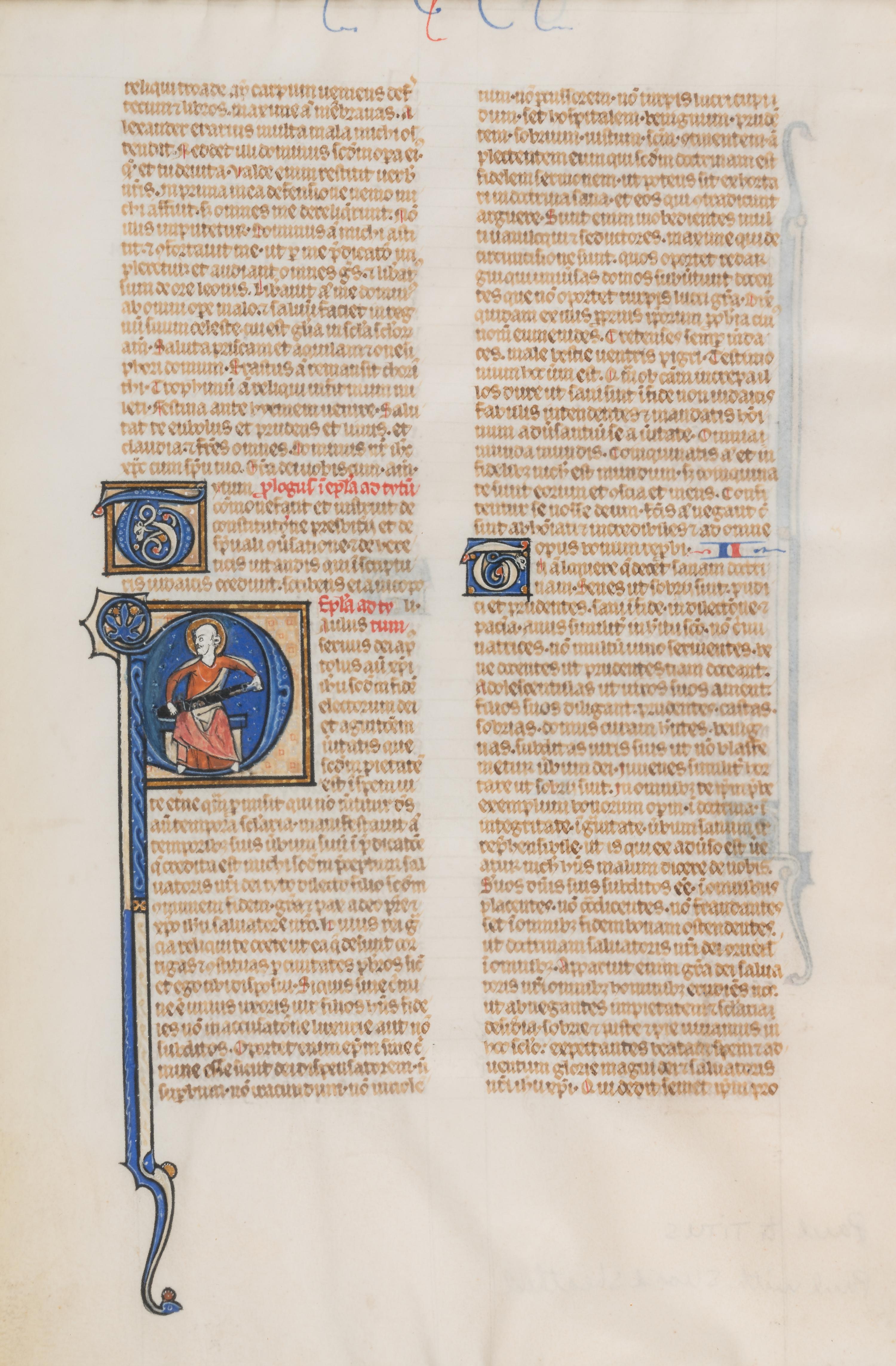 DOMINICAN PAINTER? (active Paris; mid-13th century) A leaf from the Chester Beatty Bible, with a historiated initial ‘P’ of St. Paul holding his sword, in Latin, illuminated manuscript on parchment (France, Paris, c. 1250-1275).