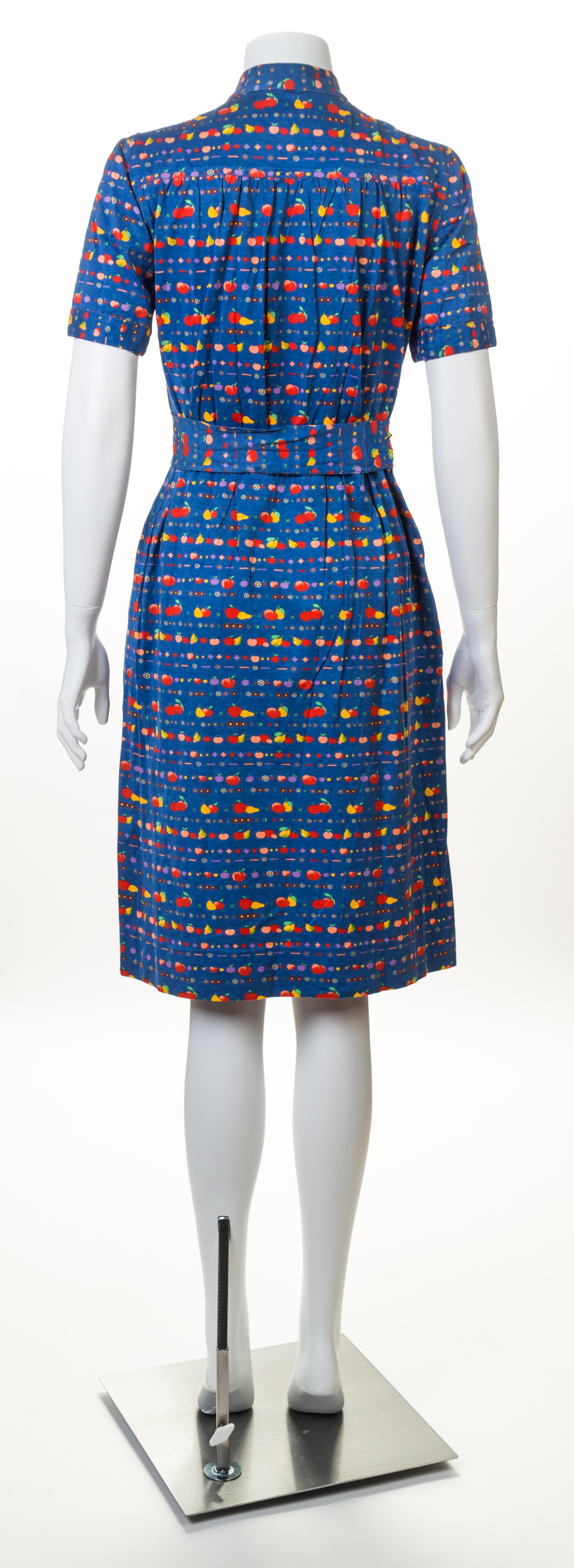 A Celine Blue Cotton Fruit Print Dress, Size 40; Self tie: 56.5" x 2.25".