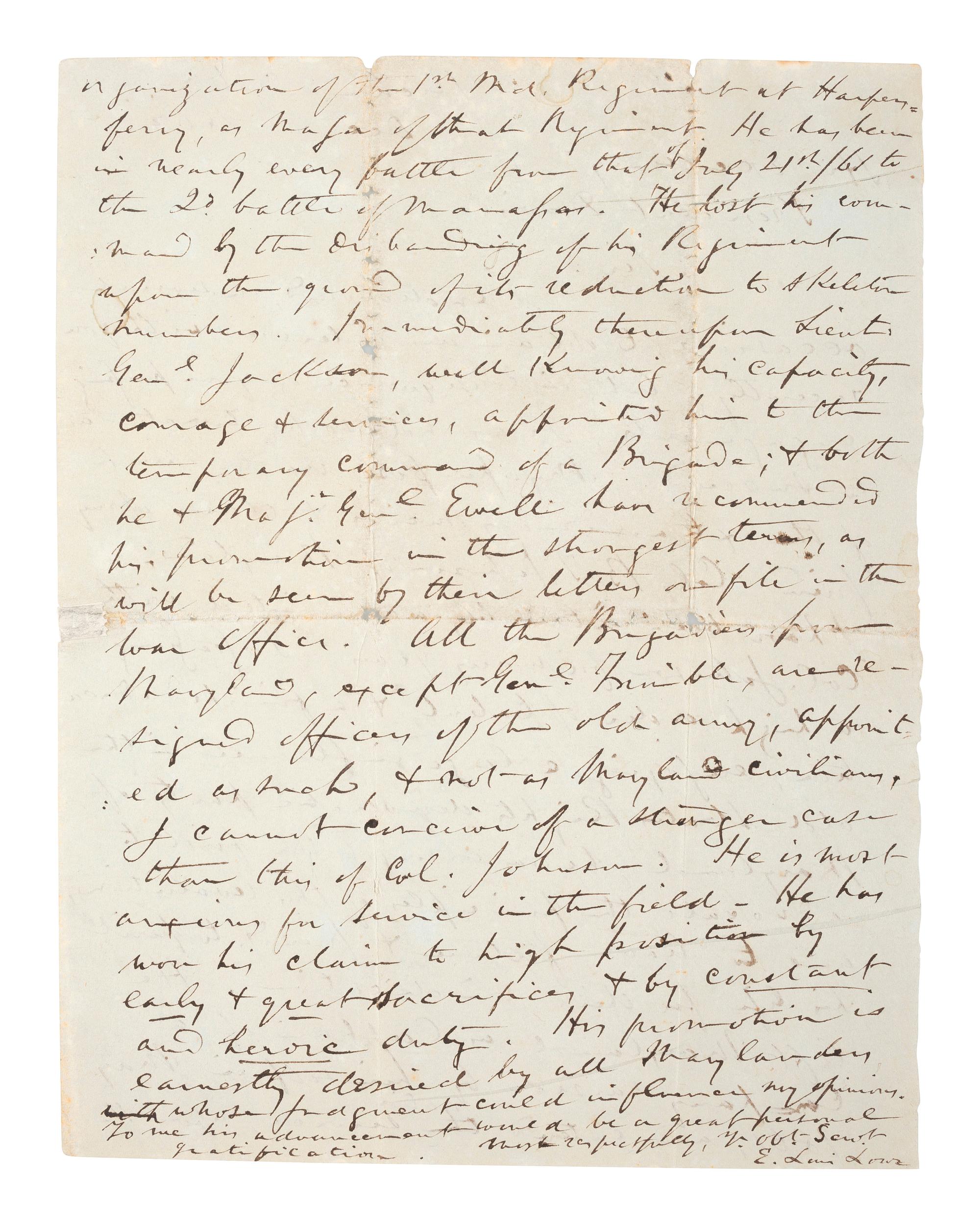 [CIVIL WAR]. A collection of 5 ALsS from E. Louis Lowe, former Governor of Maryland, regarding his efforts to seek an appointment for Colonel Bradley Johnson as a Brigadier General in the Confederate Army,