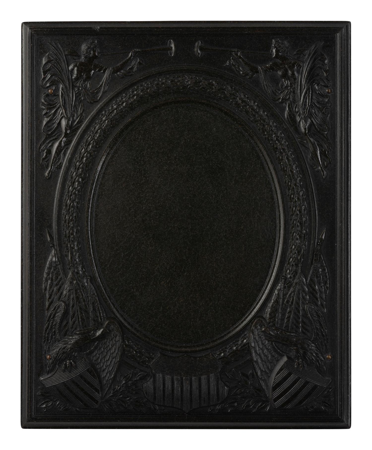 [EARLY PHOTOGRAPHY]. Half plate ambrotype of man on horseback with Washington Monument Union case.