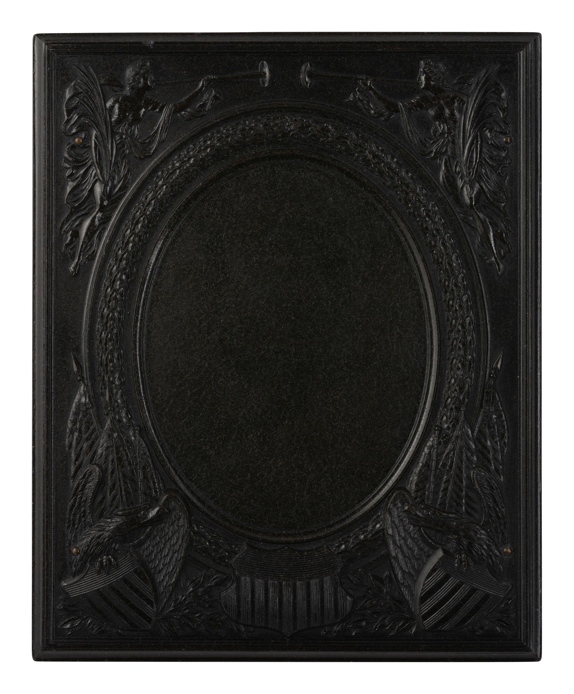 [EARLY PHOTOGRAPHY]. Half plate ambrotype of man on horseback with Washington Monument Union case.