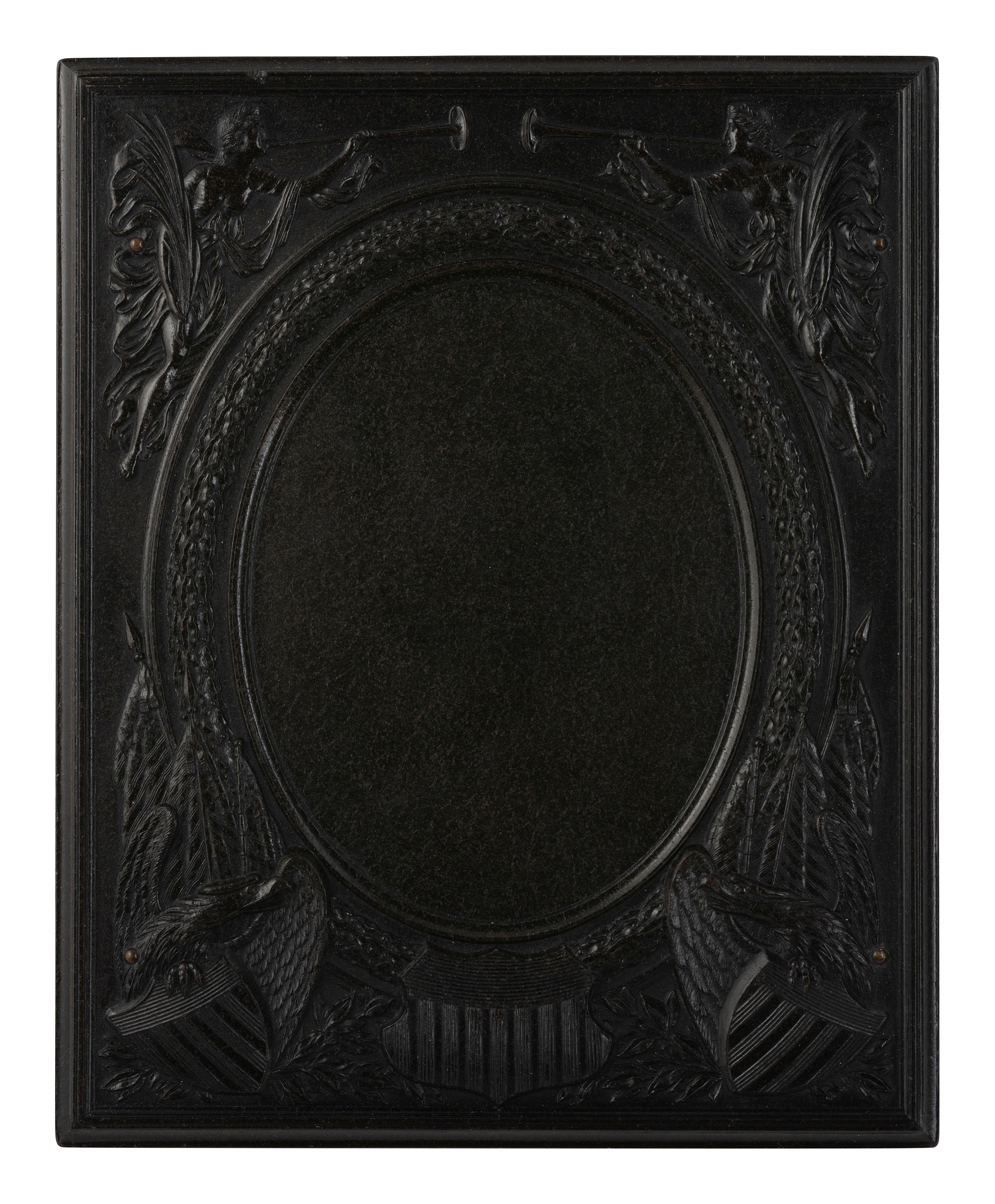 [EARLY PHOTOGRAPHY]. Half plate ambrotype of man on horseback with Washington Monument Union case.