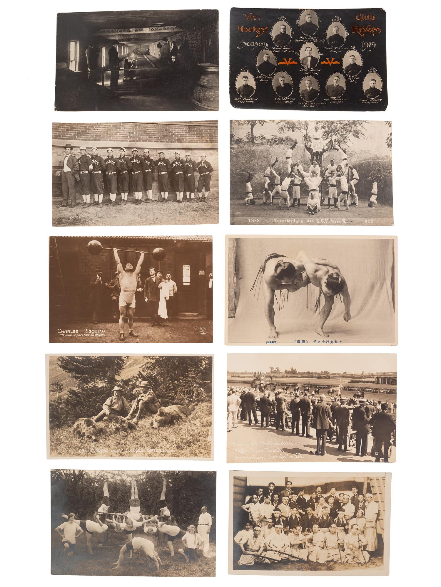 [EARLY PHOTOGRAPHY] -- [SPORTS]. A group of 32 real photo postcards of athletes and events, incl. baseball, track and field, gymnastics, wrestling, strongmen, and female basketball players.