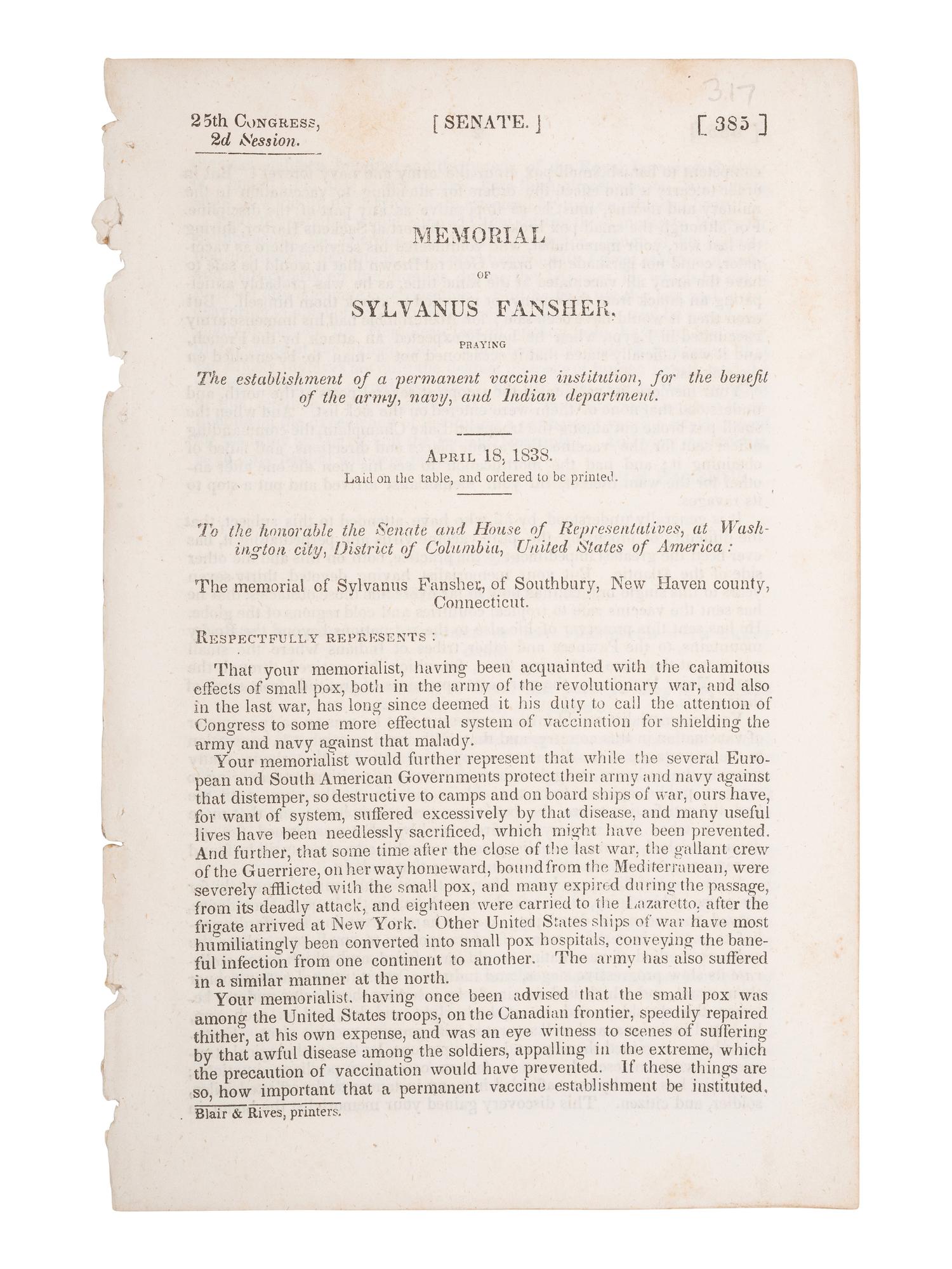 [VACCINATION]. Two early vaccination broadsides and a note from the "Chairman of the Committee for Vaccination" in Milton, Massachusetts, acknowledging participants in the town's 1809 vaccination campaign.