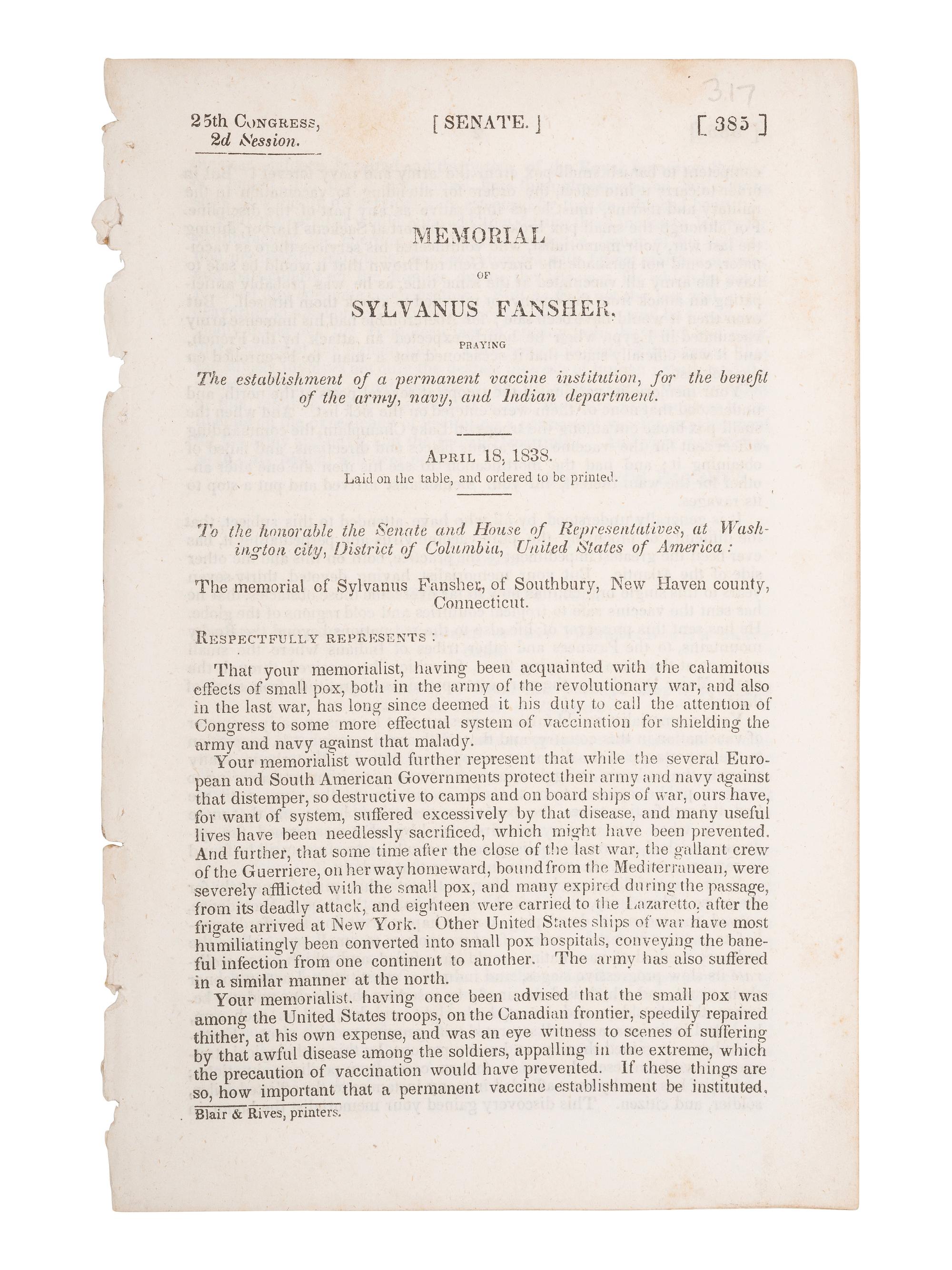 [VACCINATION]. Two early vaccination broadsides and a note from the "Chairman of the Committee for Vaccination" in Milton, Massachusetts, acknowledging participants in the town's 1809 vaccination campaign.