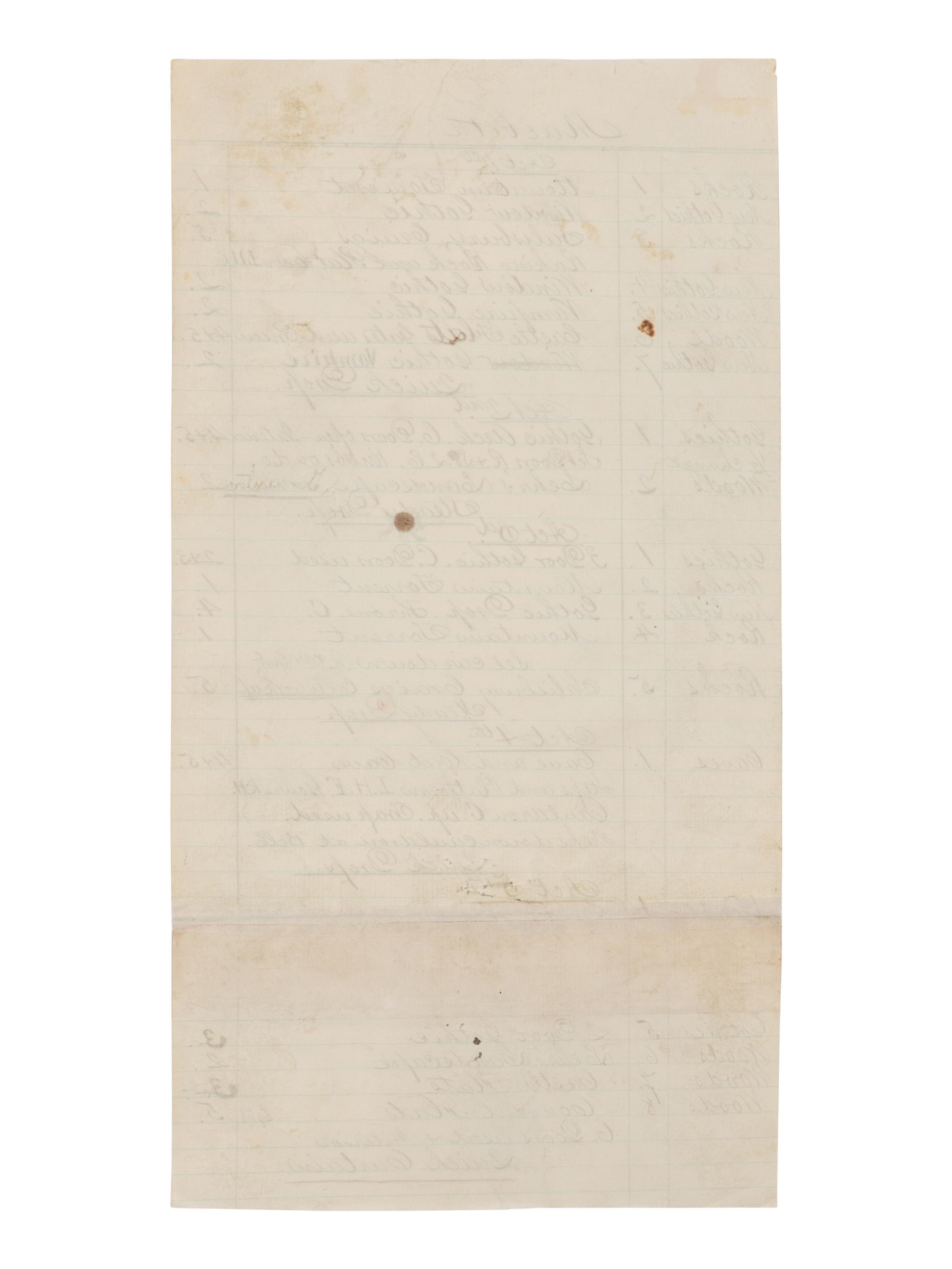 [BOOTH, John Wilkes (1838-1865)]. A group of 5 manuscript scenery lists for plays in which John Wilkes Booth performed, ca 1862-1864.