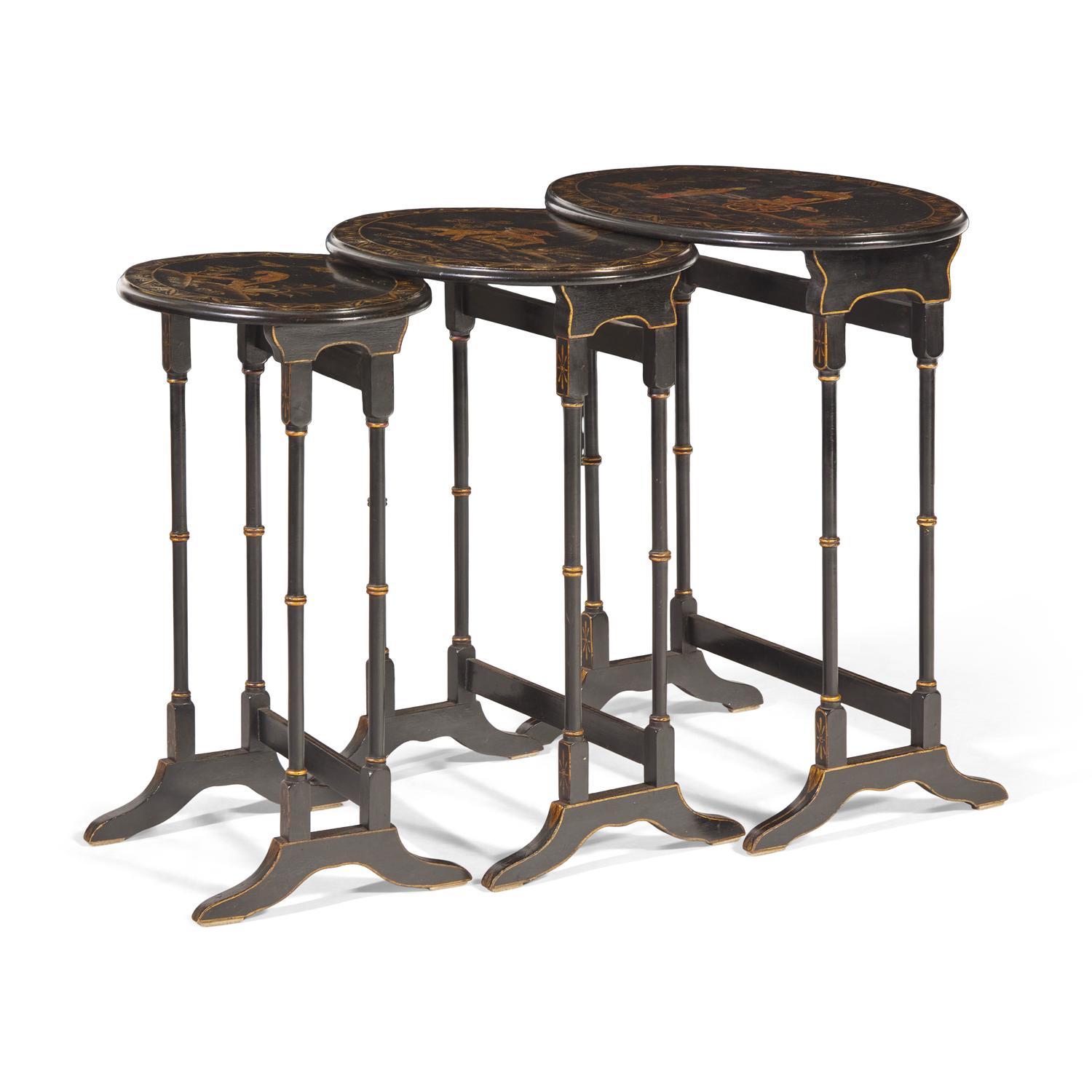 A Set of Regency Style Black Lacquer Chinoiserie Nesting Tables