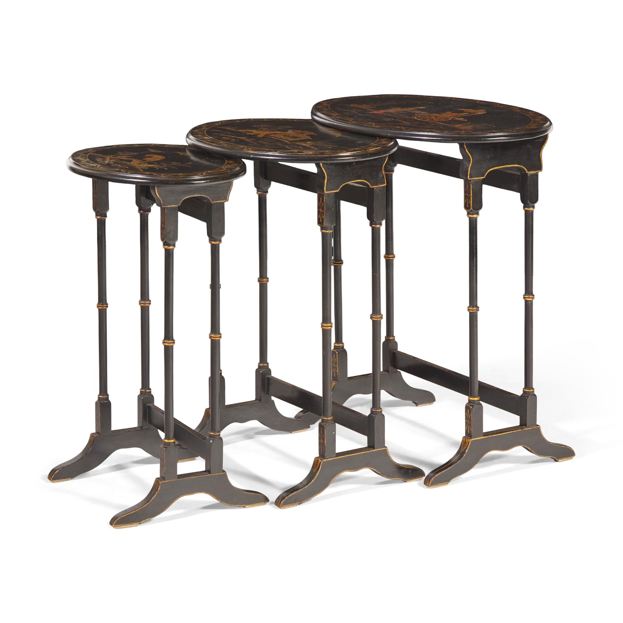 A Set of Regency Style Black Lacquer Chinoiserie Nesting Tables